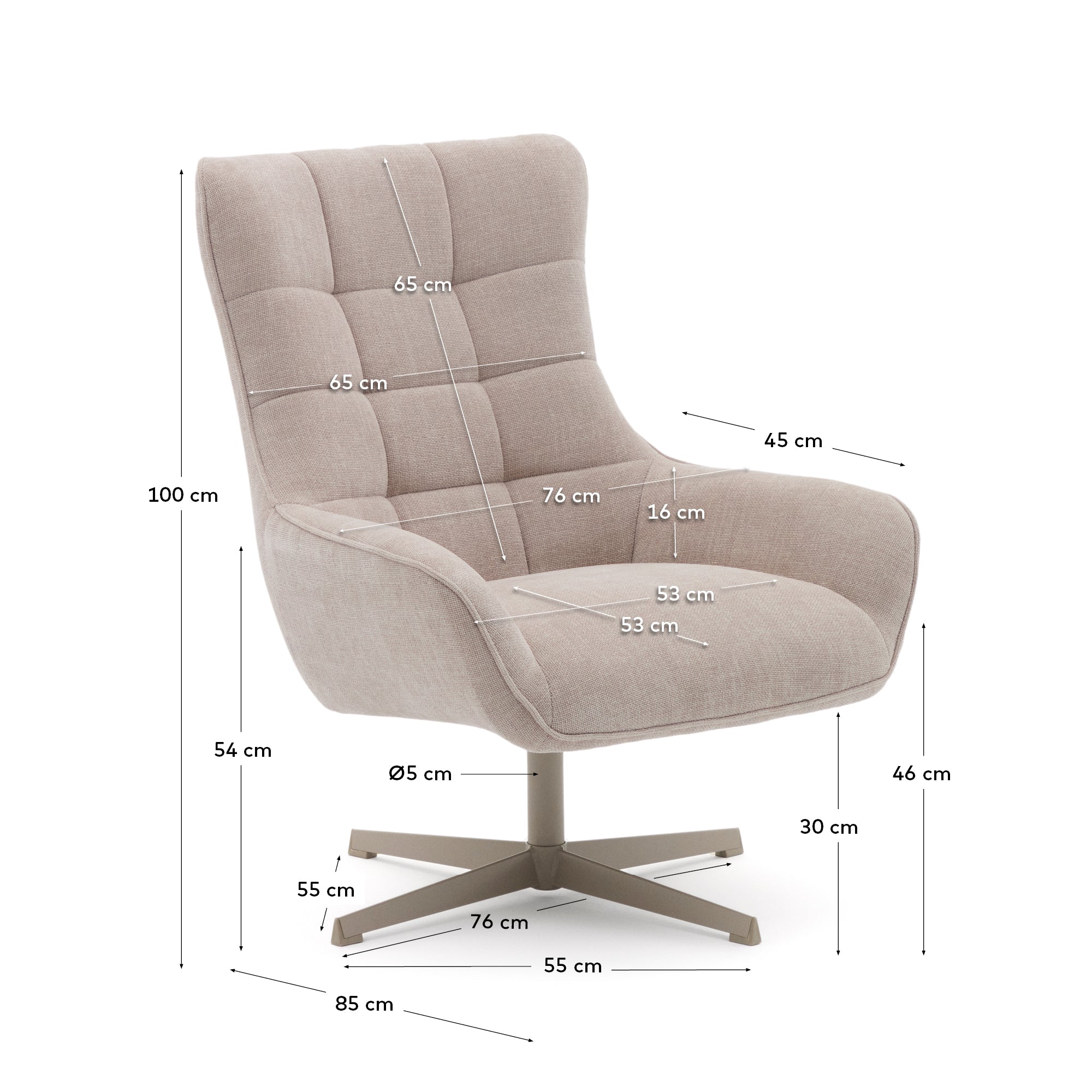 Teryl swivel beige chenille armchair with grey-finished metal, FSC 100% - Measurements