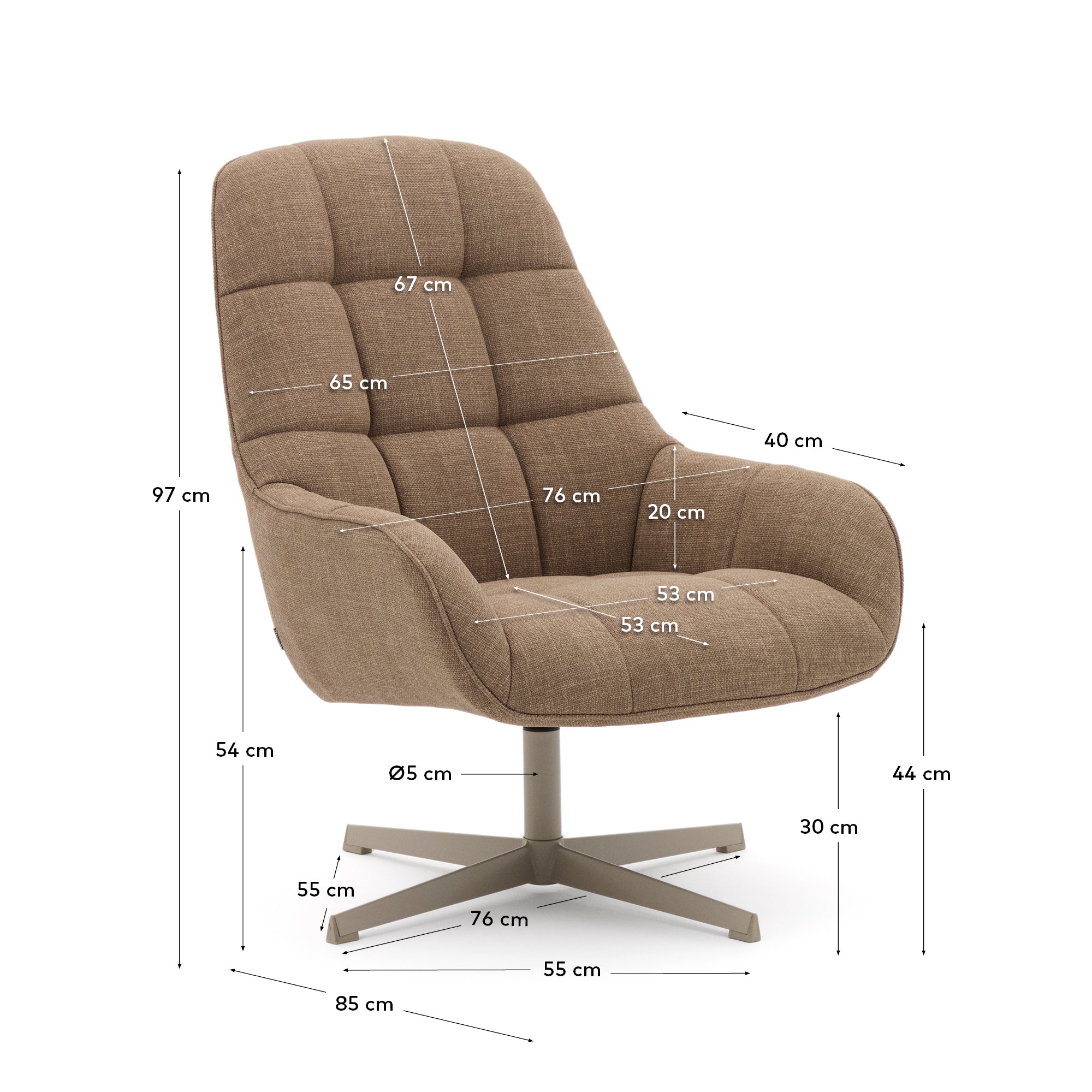 Jaspe light brown swivel armchair with grey-finished metal, FSC 100% - Measurements