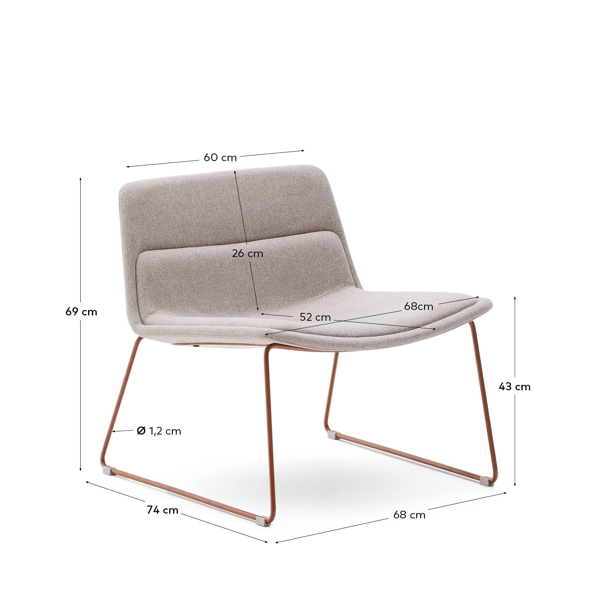 Zahara beige armchair with steel legs and FSC 100% terracotta finish - Measurements