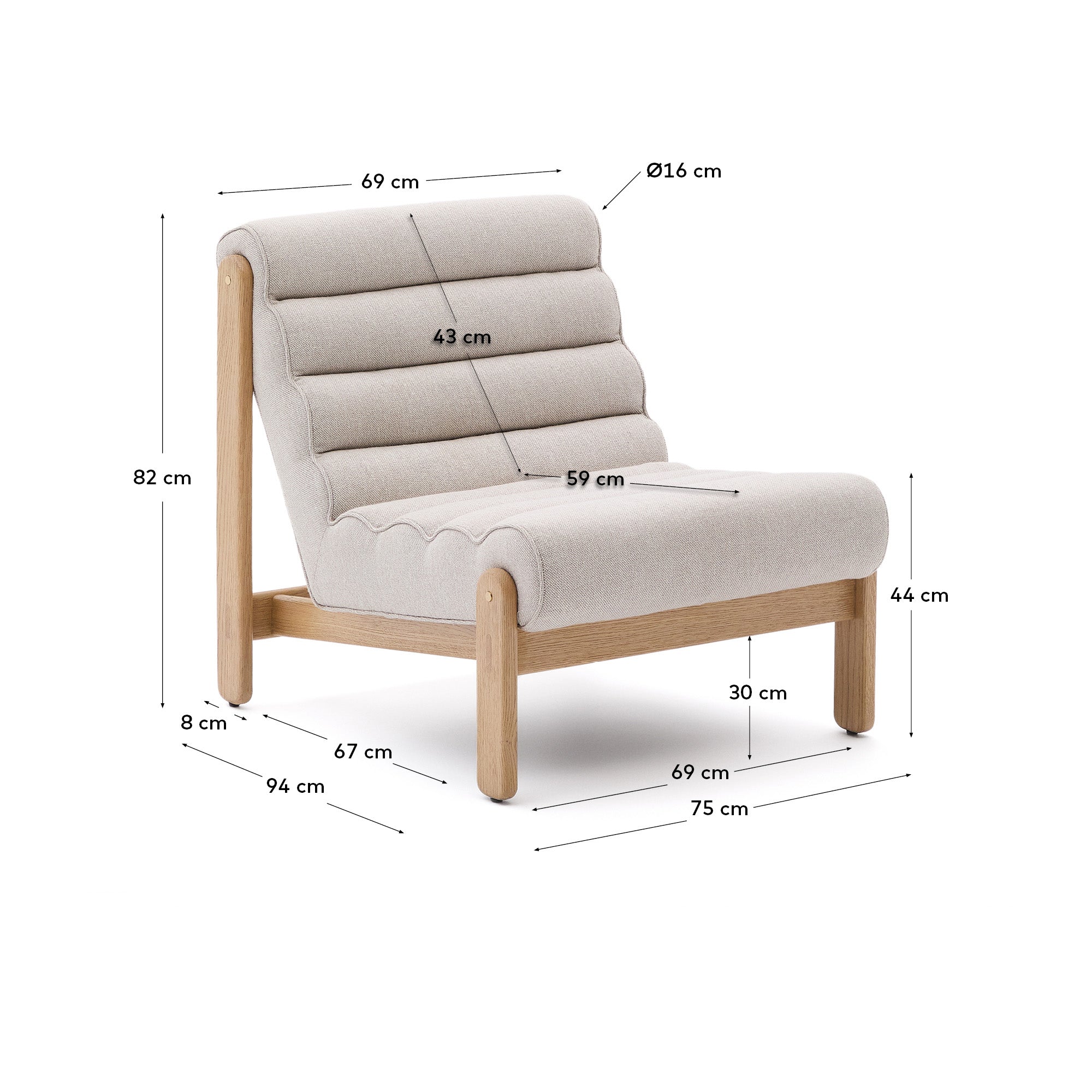 Magira beige armchair in solid oak wood with natural finish - Measurements