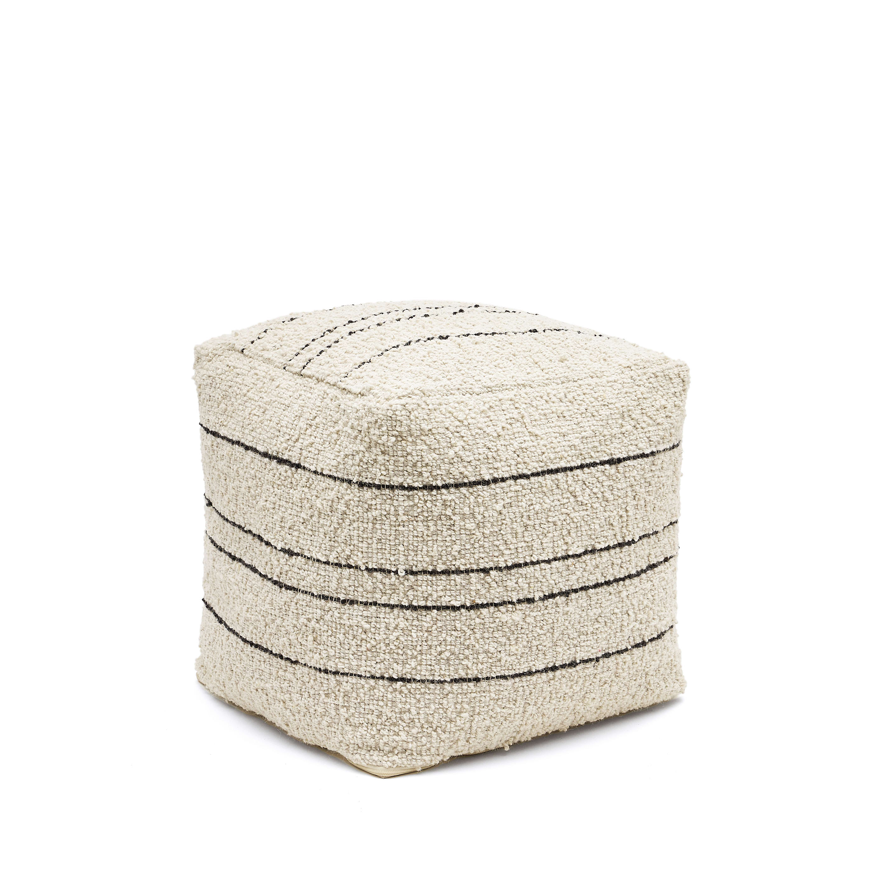 Micol beige wool pouffe with black stripes 40 x 40 cm