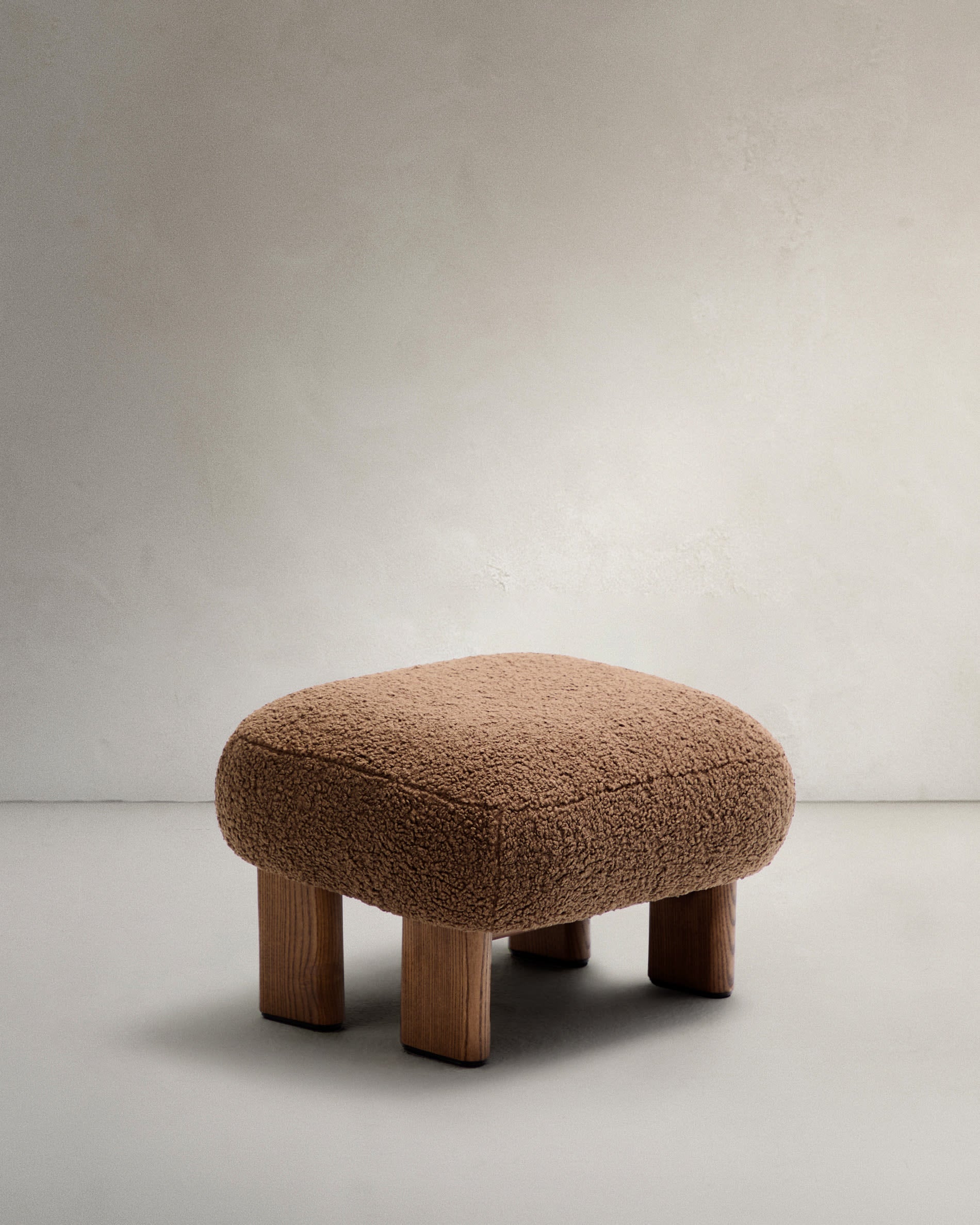 Cabana ocher bouclé pouf with solid ash wood legs, walnut finish, 65x55.4cm, FSC 100%