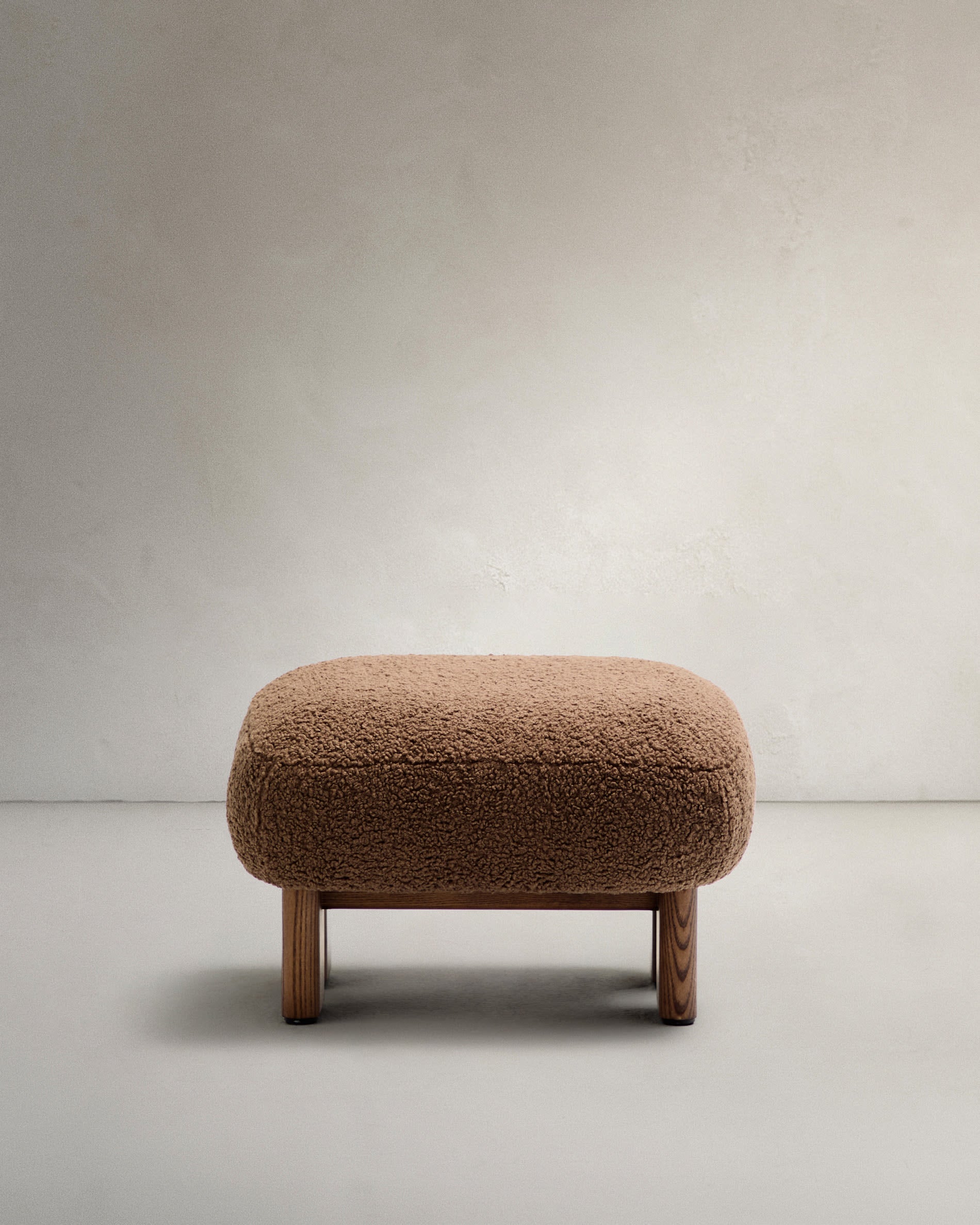 Cabana ocher bouclé pouf with solid ash wood legs, walnut finish, 65x55.4cm, FSC 100%