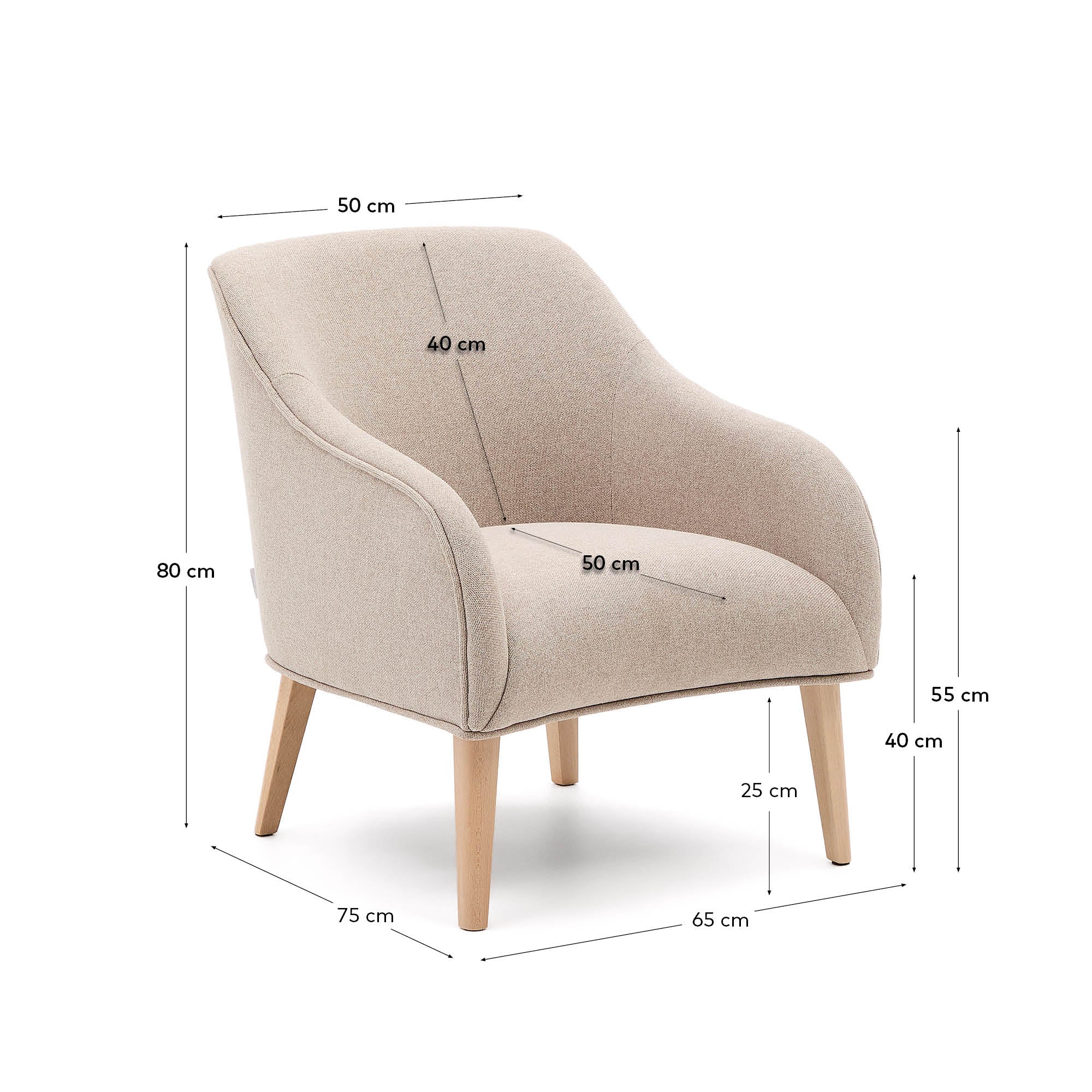 Bobly armchair in beige and with solid beech wood in a natural finish - Measurements