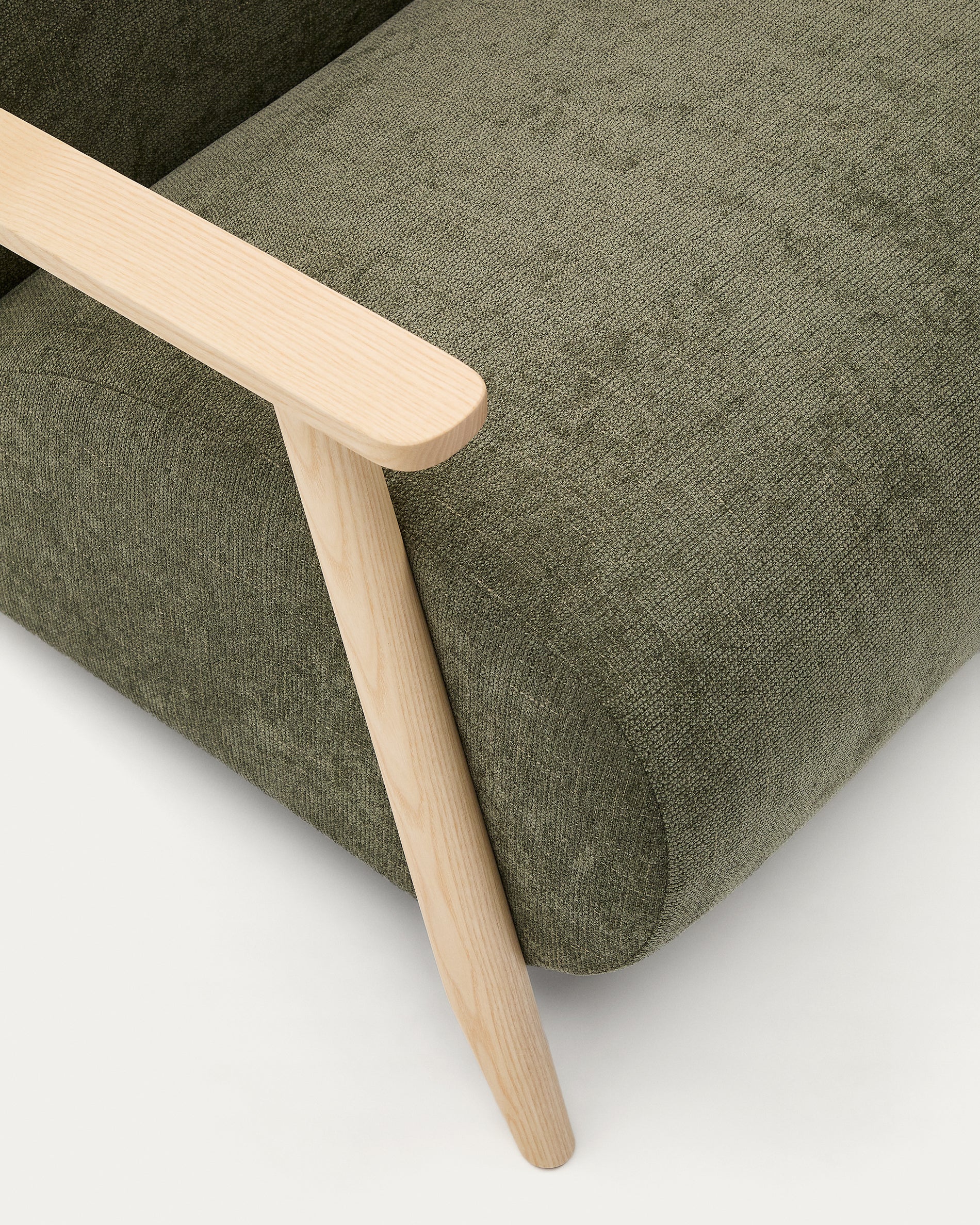 Meghan armchair in green chenille and with solid beech wood in a natural finish FSC Mix Credit - Detail