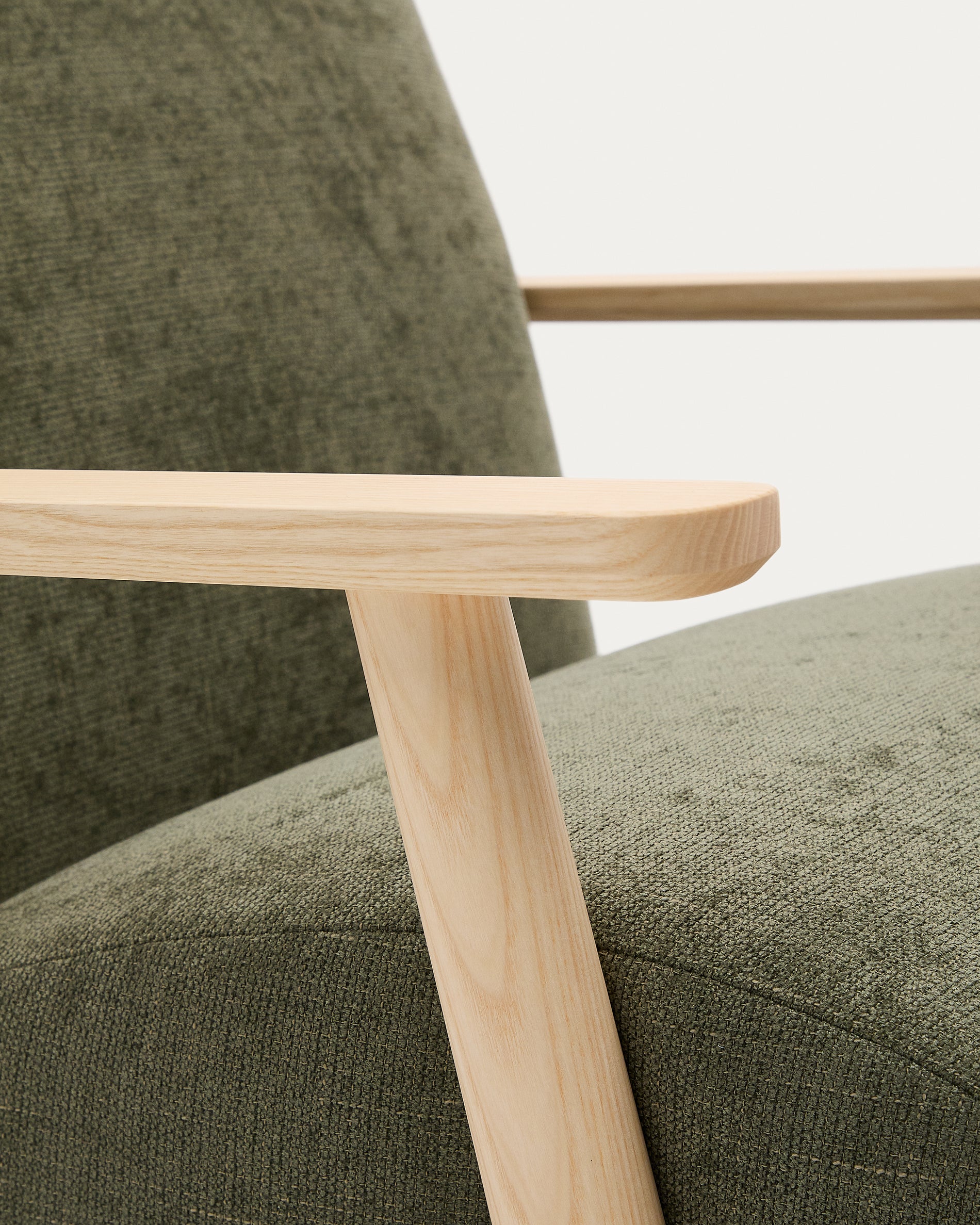 Meghan armchair in green chenille and with solid beech wood in a natural finish FSC Mix Credit - Detail