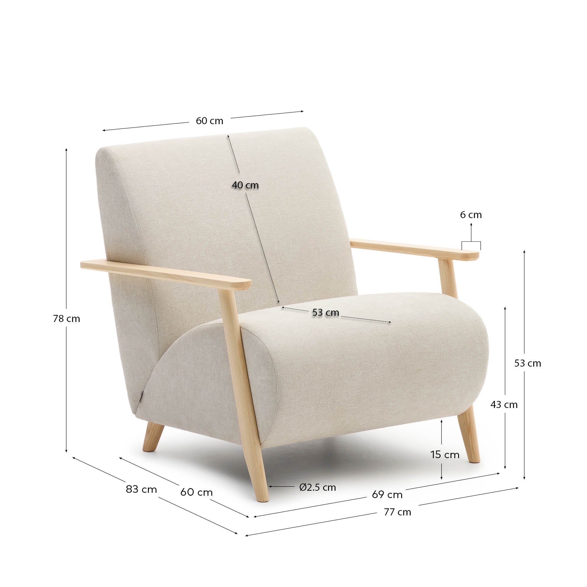 Meghan armchair in pearl chenille and with solid beech wood in a natural finish FSC Mix Credit - Measurements