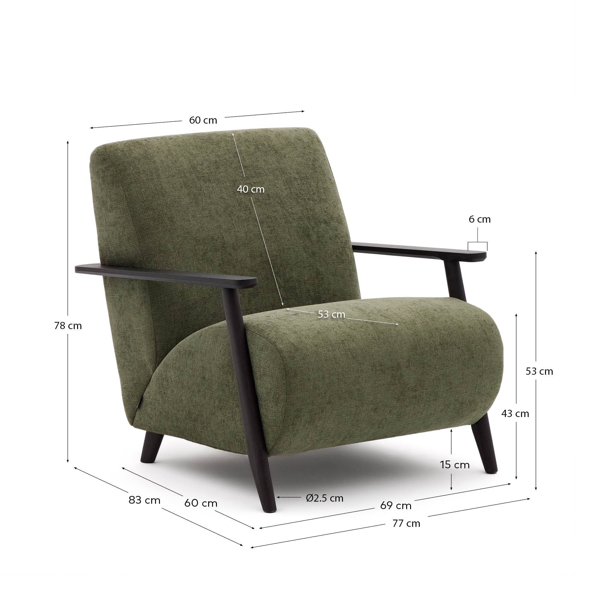 Meghan armchair in green chenille and with solid beech wood in a wenge finish FSC Mix Credit - Measurements