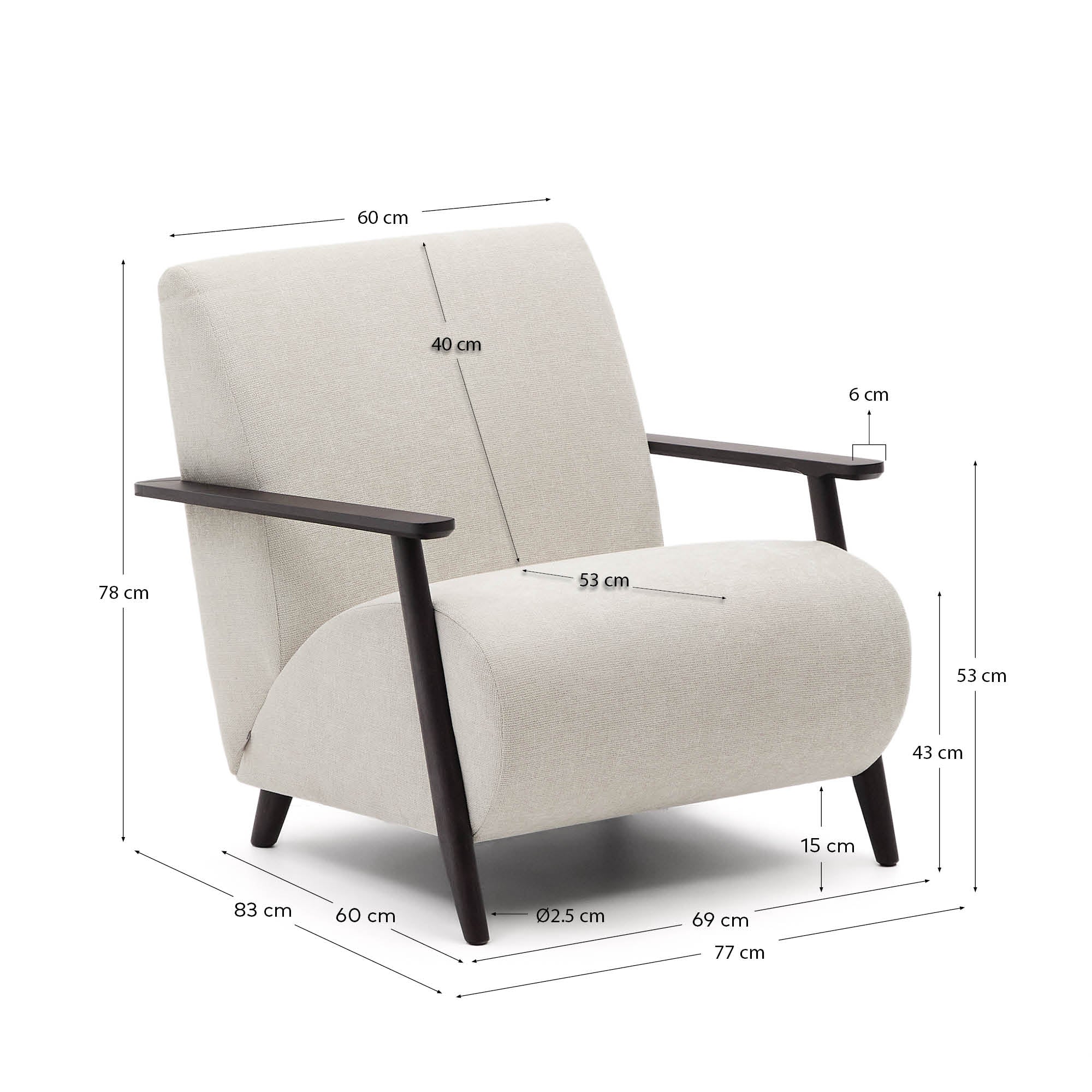 Meghan armchair in pearl chenille and with solid beech wood in a wenge finish FSC Mix Credit - Measurements