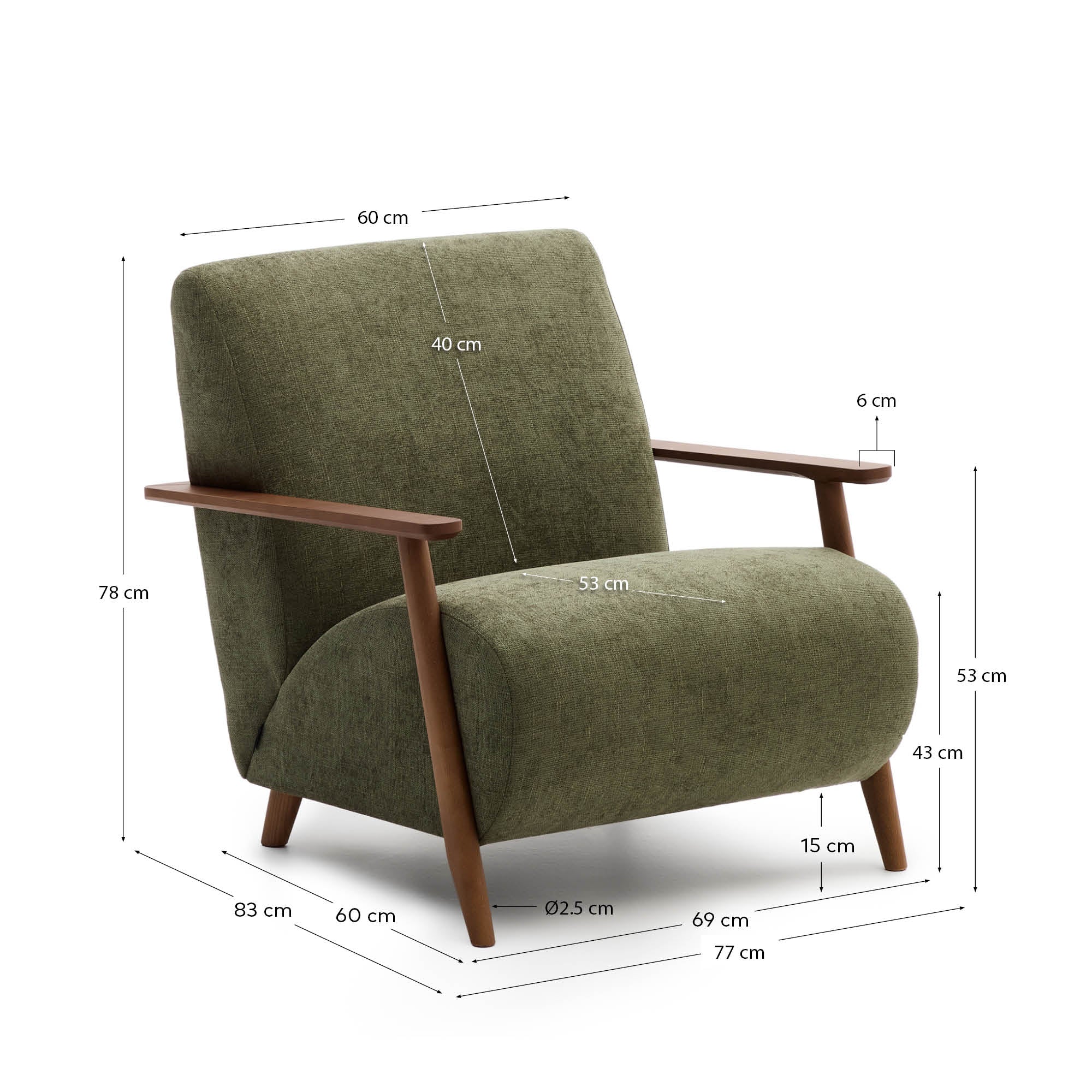 Meghan armchair in green chenille and solid ash wood with walnut finish FSC Mix Credit - Measurements