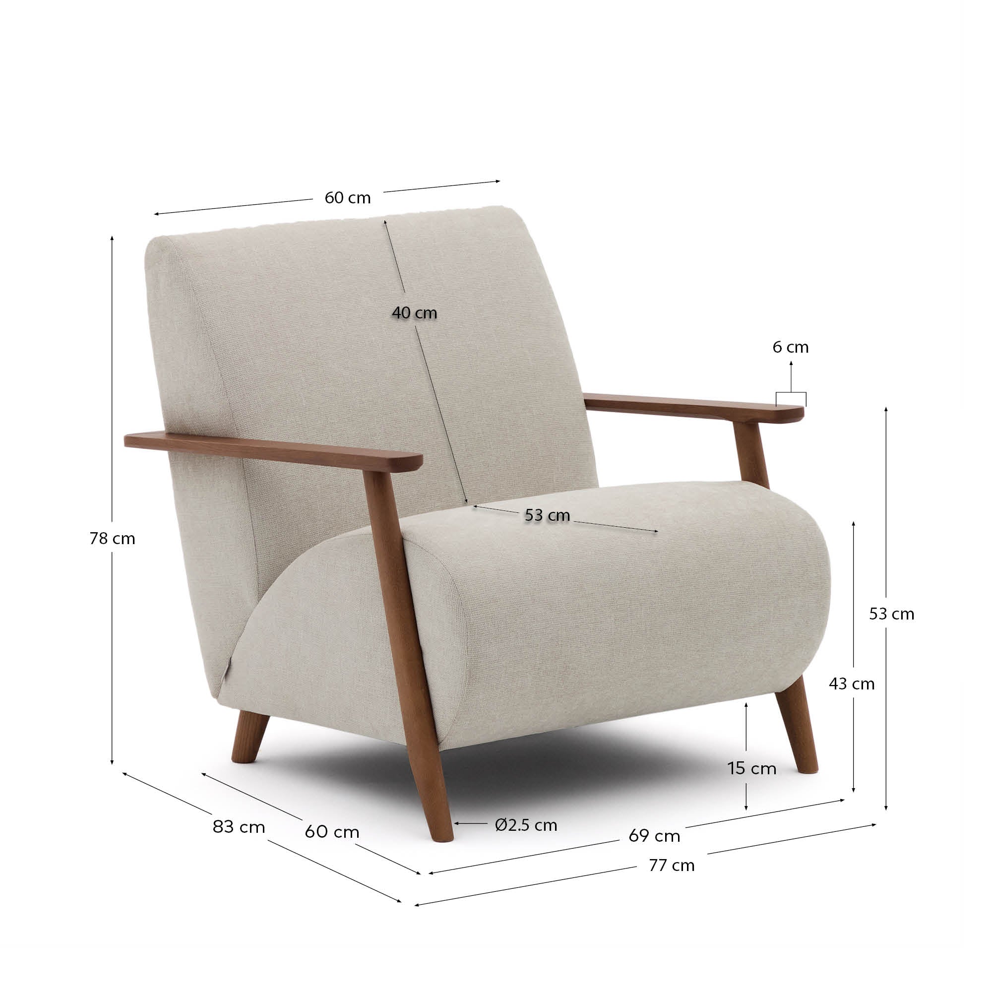 Meghan armchair in pearl chenille and solid ash wood with walnut finish FSC Mix Credit - Measurements