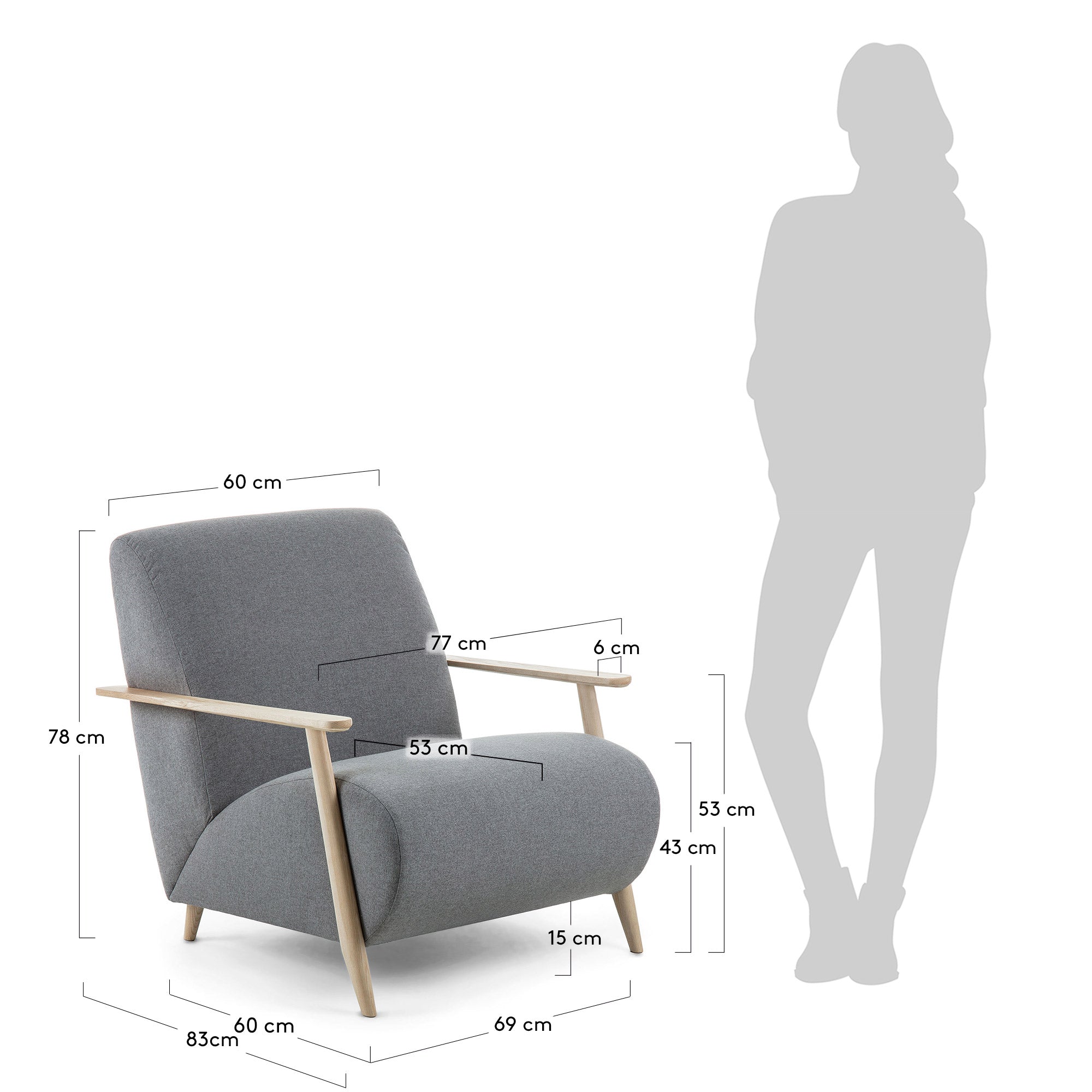 Meghan armchair in grey with solid ash legs with natural finish - Measurements