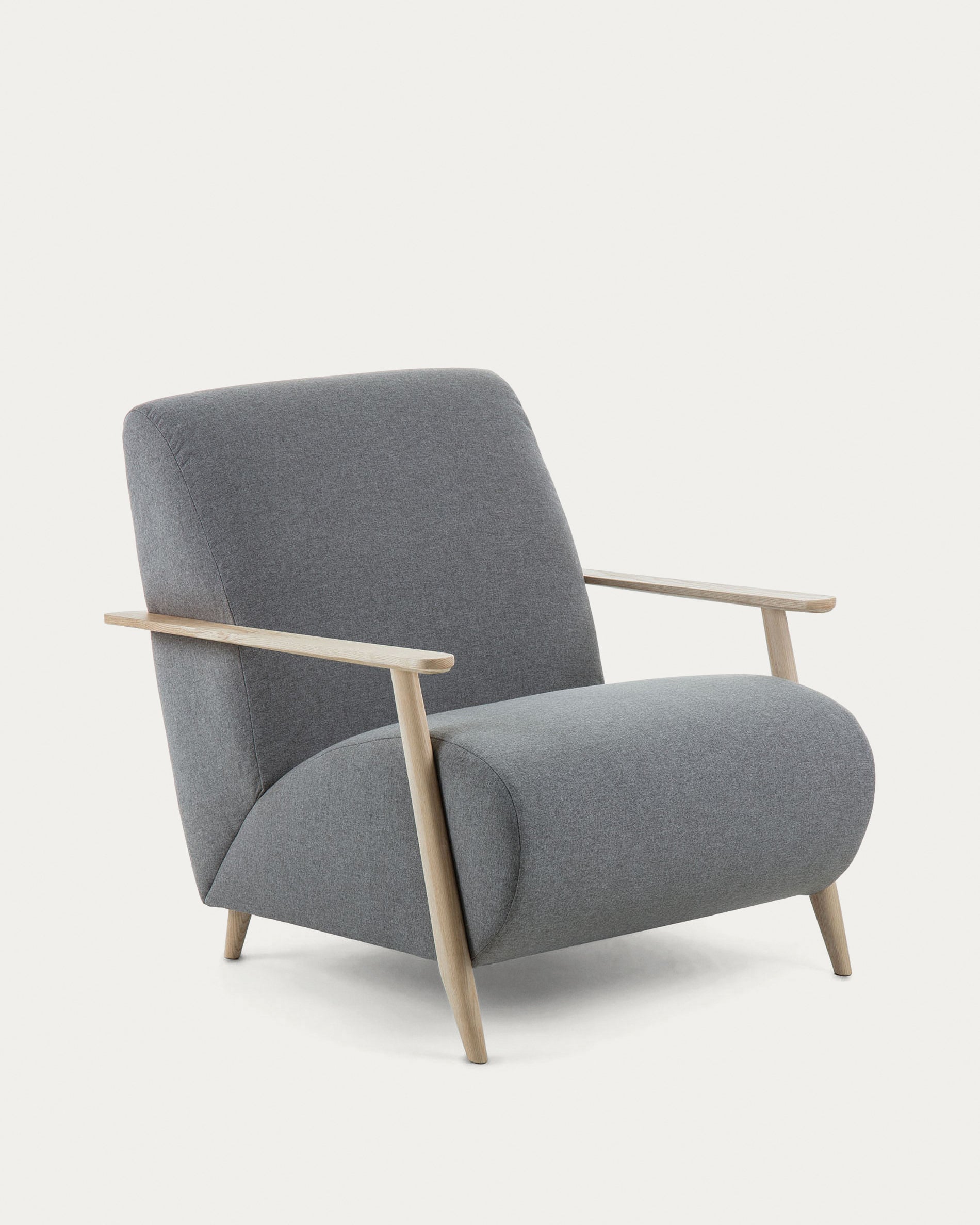 Meghan armchair in grey with solid ash legs with natural finish - Product View