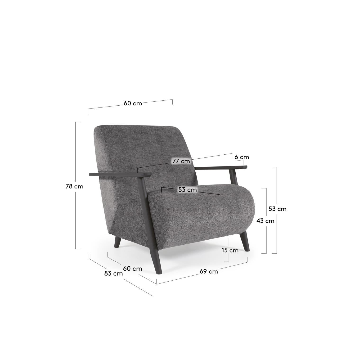Meghan armchair in grey chenille and wood with wenge finish - Measurements