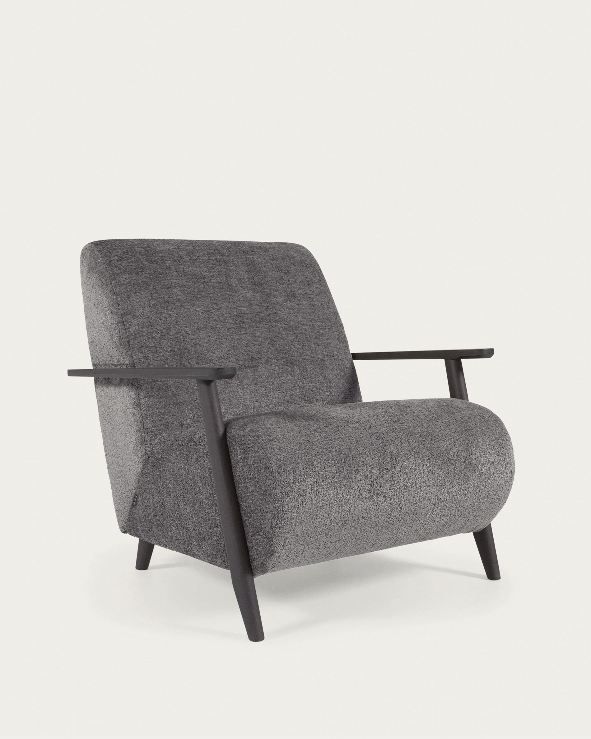 Meghan armchair in grey chenille and wood with wenge finish - Product View