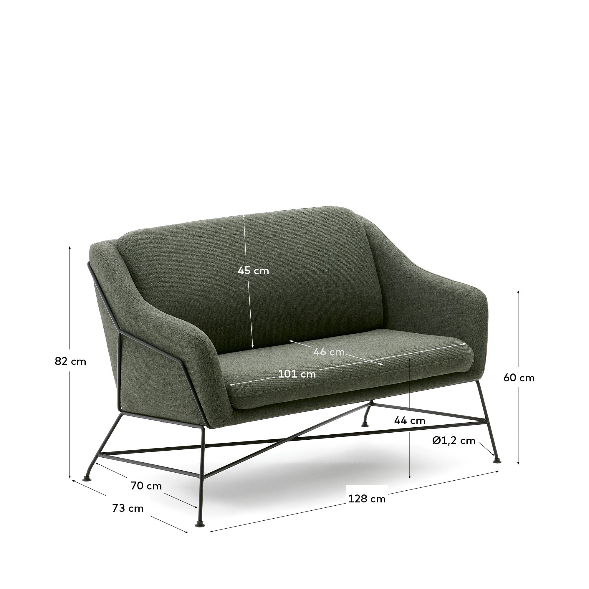 Brida 2-seater sofa in green and steel legs with black finish, 128 cm - Measurements
