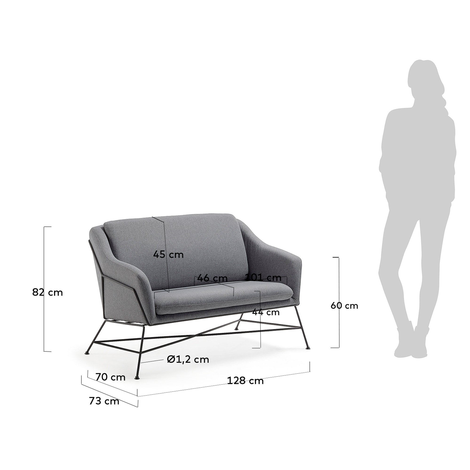 Brida 2 seater sofa in dark grey, 128 cm - Measurements
