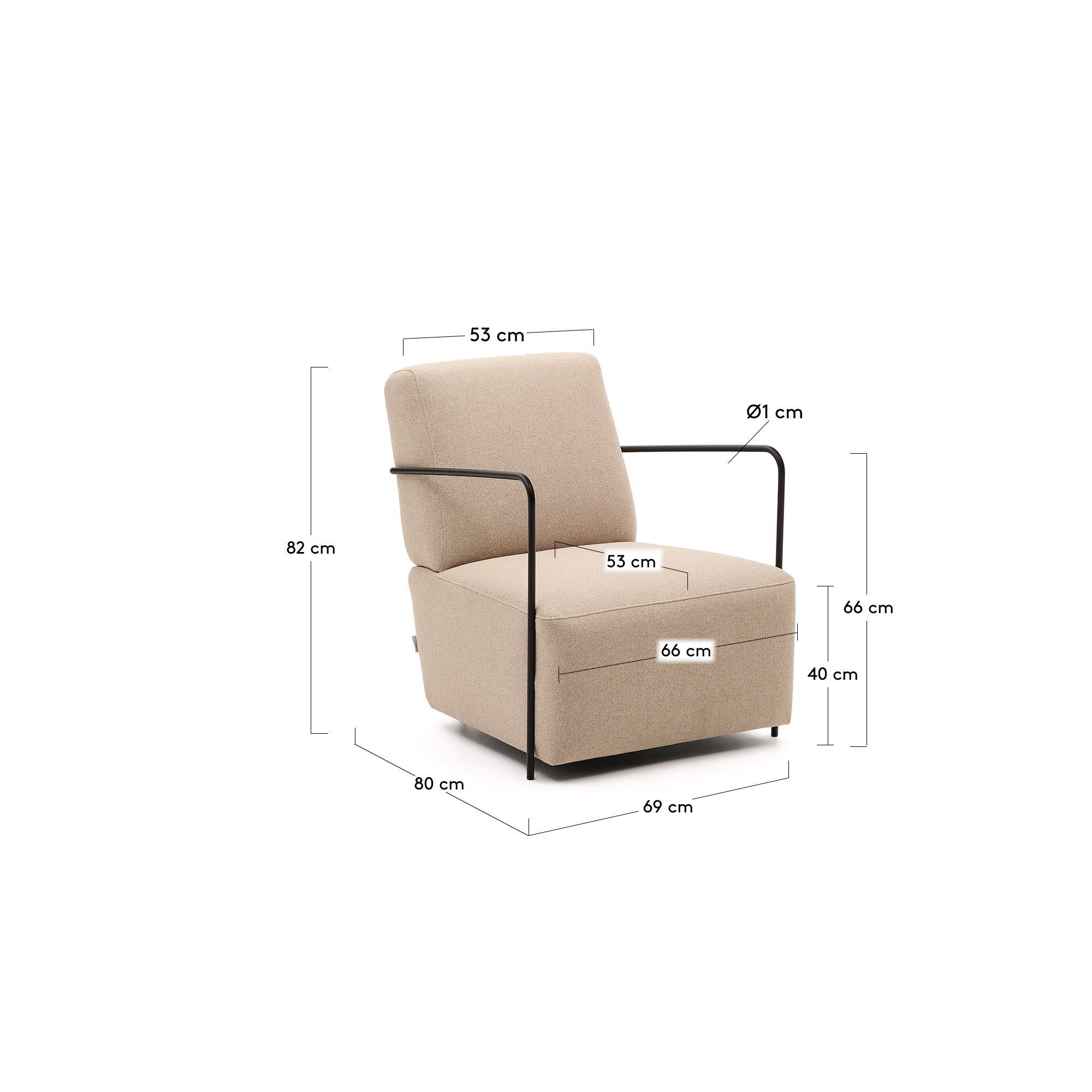 Gamer beige armchair with metal in a matte black painted finish - Measurements