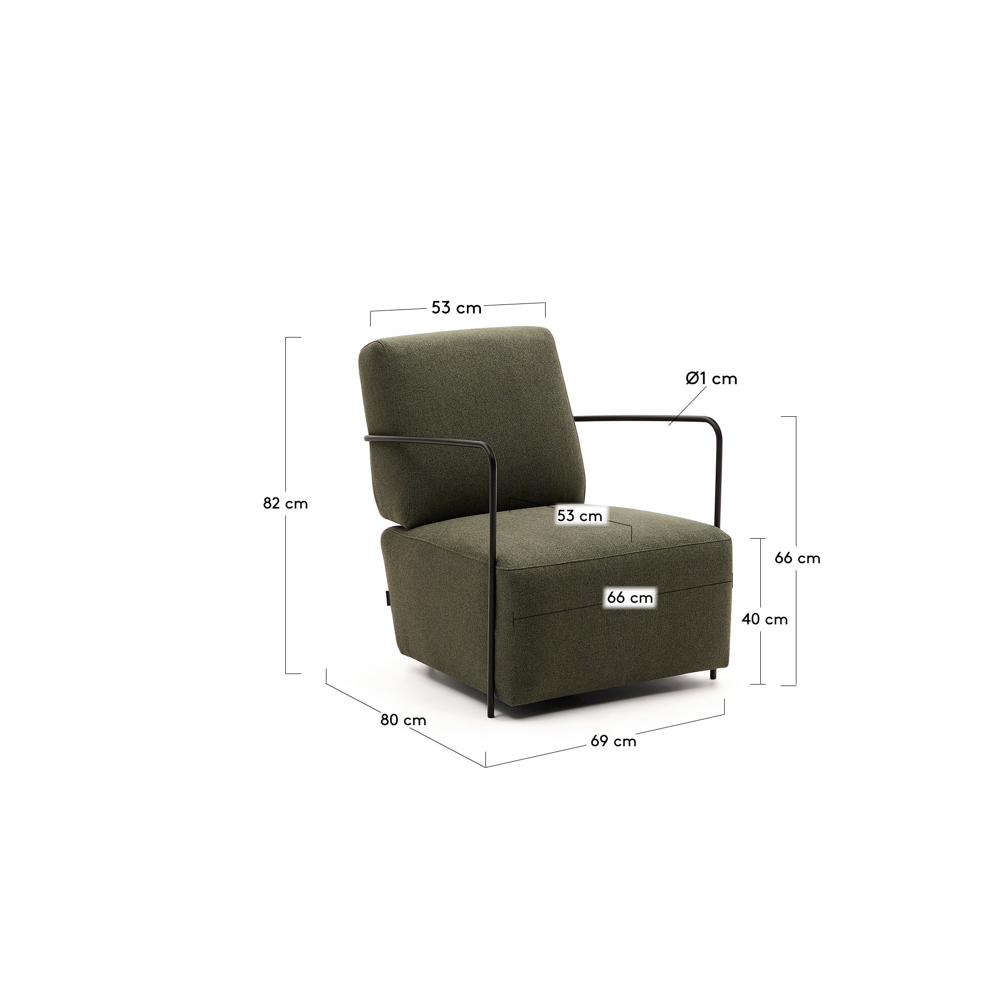 Gamer green armchair with metal in a black matte painted finish - Measurements