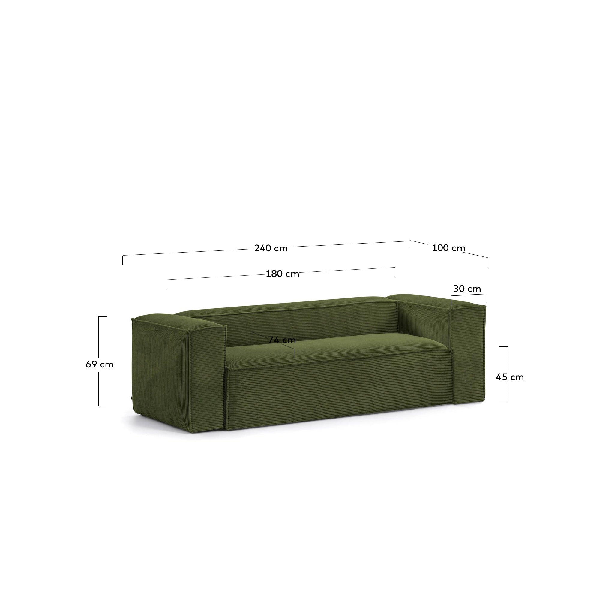 Blok 3-seater sofa in green thick corduroy 240cm FSC Mix Credit - Measurements