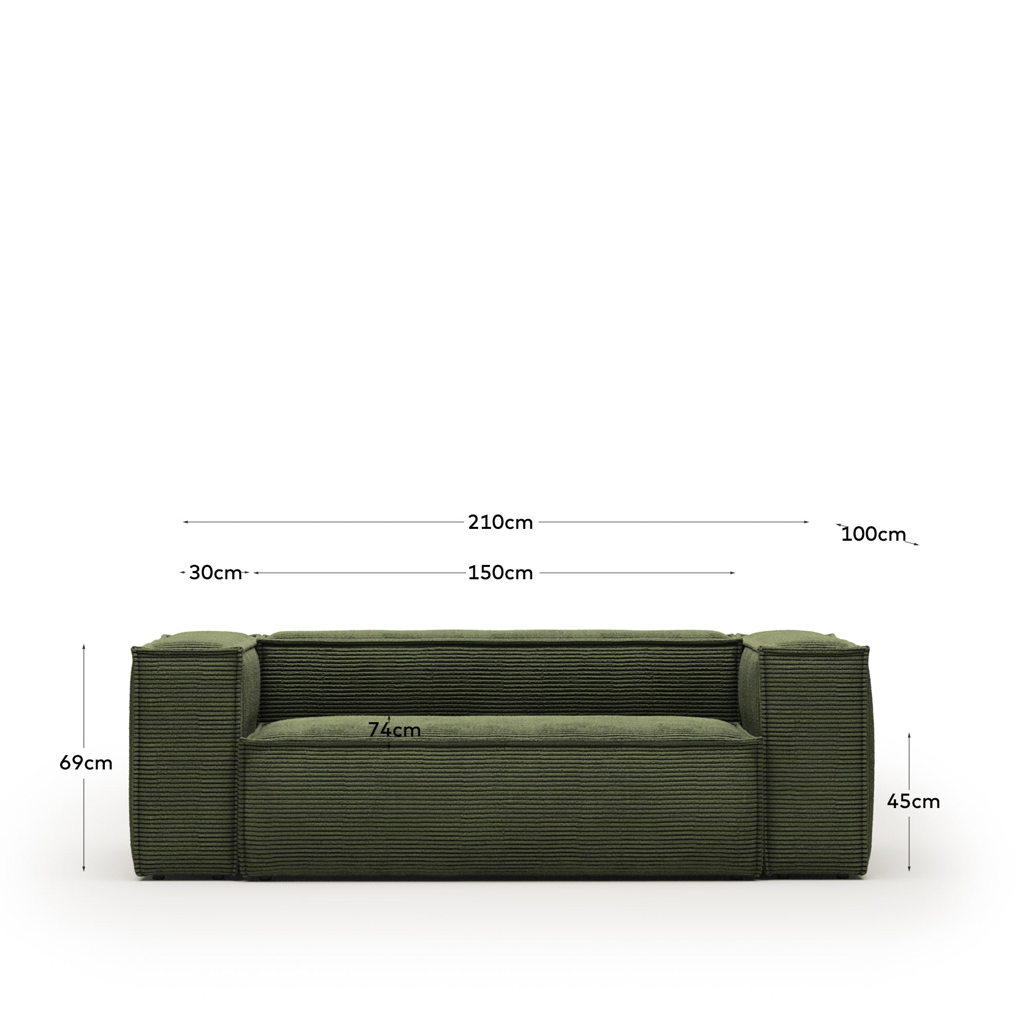 Blok 2-seater sofa in green thick corduroy 210cm FSC Mix Credit - Measurements