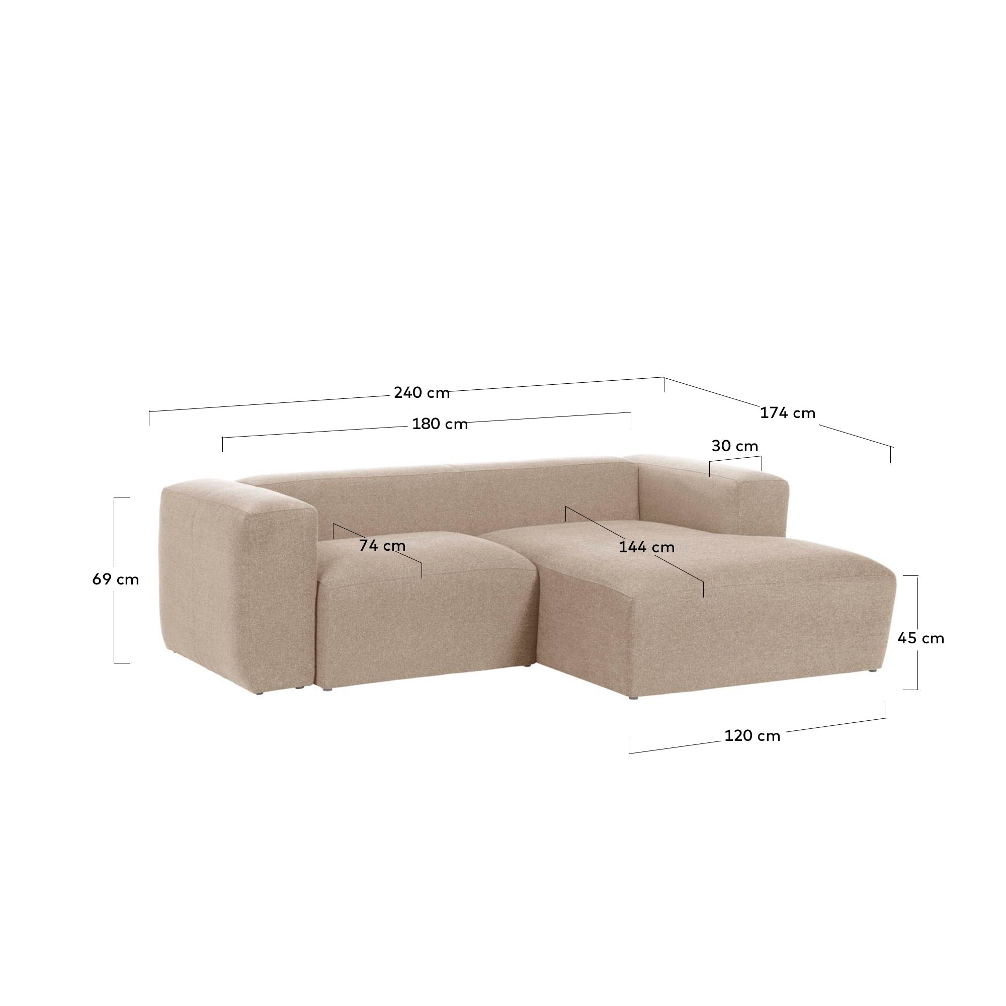Blok 2-seater beige chenille right chaise longue sofa 240cm FSC Mix Credit - Measurements