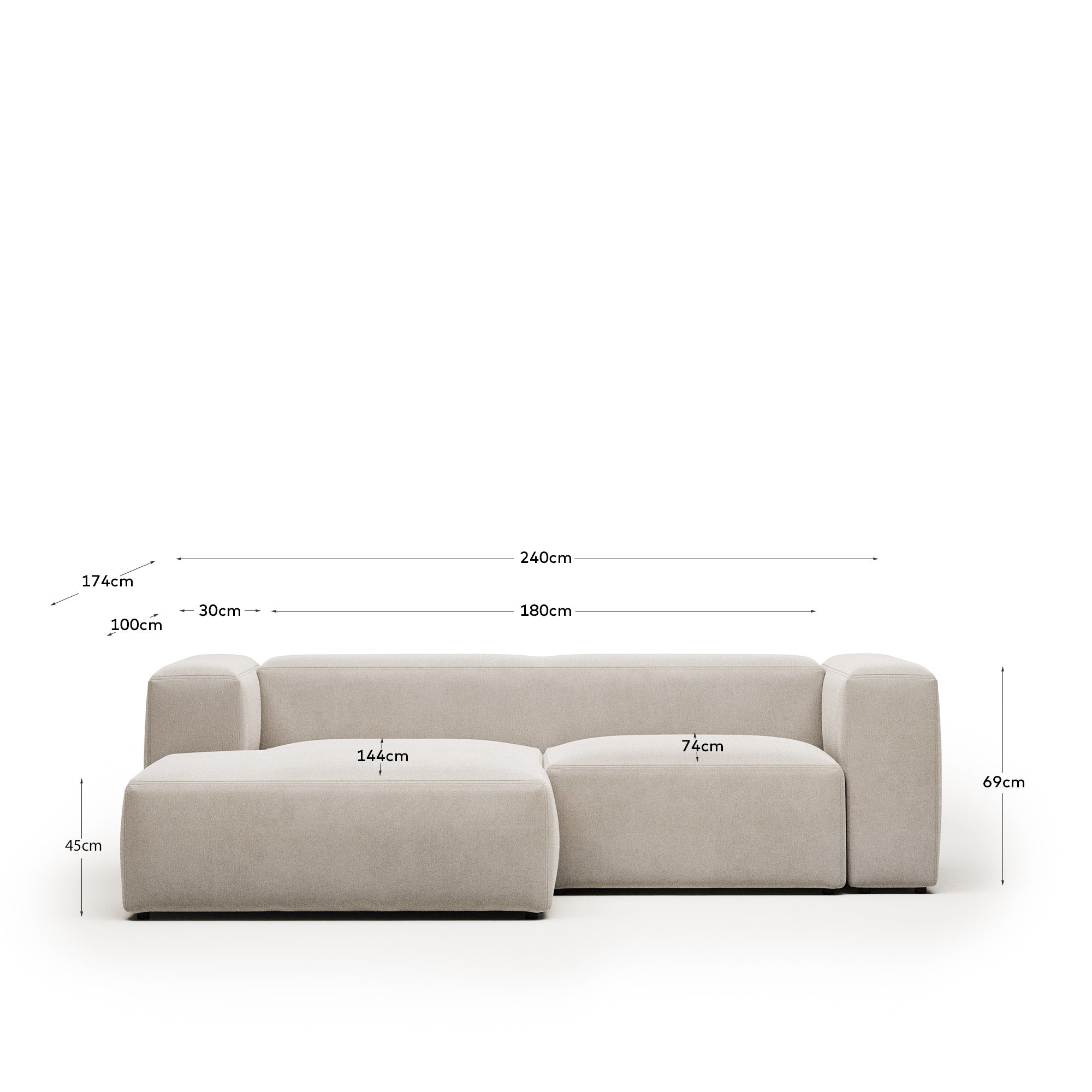 Blok 2-seater beige chenille left chaise longue sofa 240cm FSC Mix Credit - Measurements