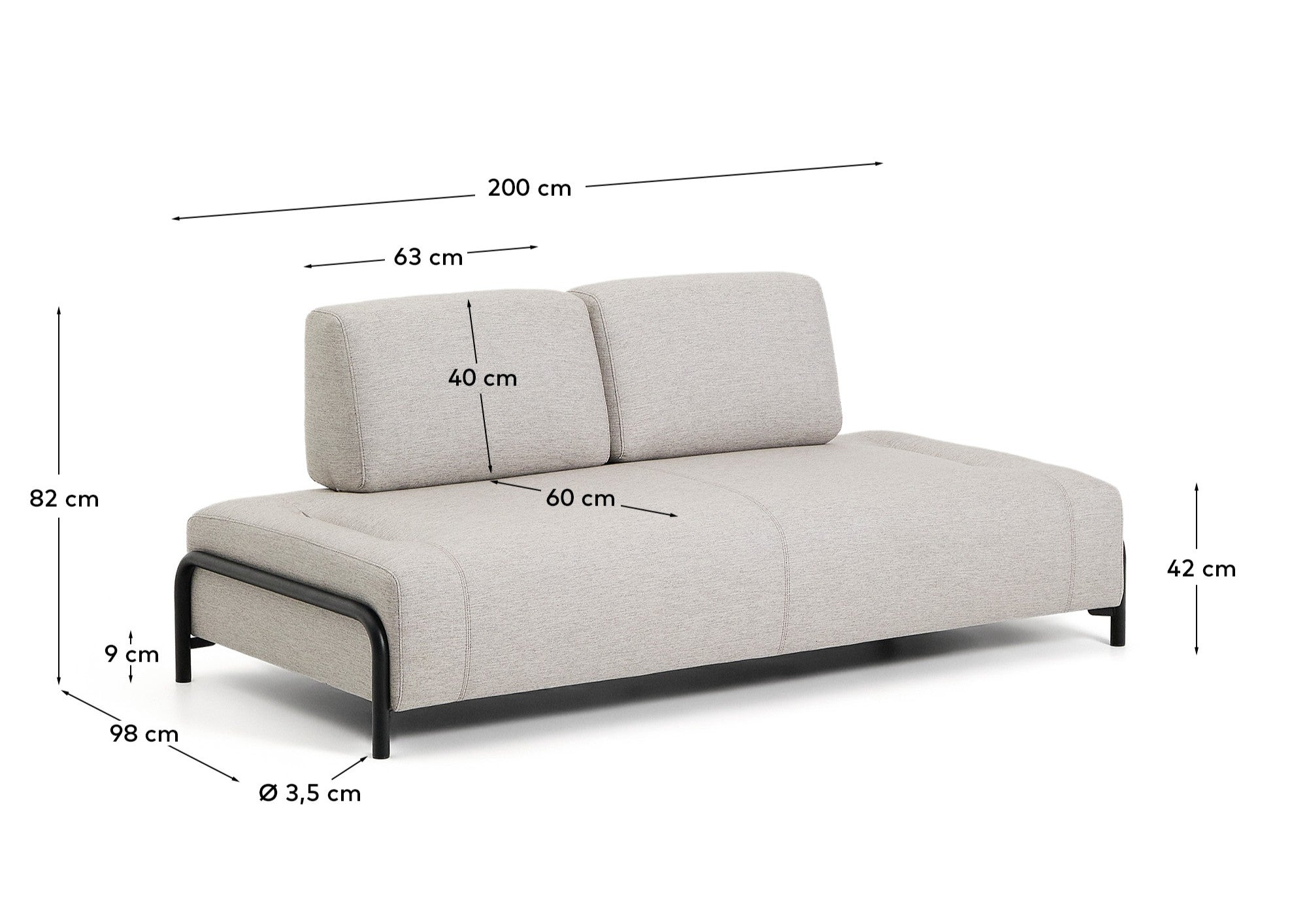 Compo 2-seater greige module with black metal frame 200 cm FSC Mix Credit - Measurements