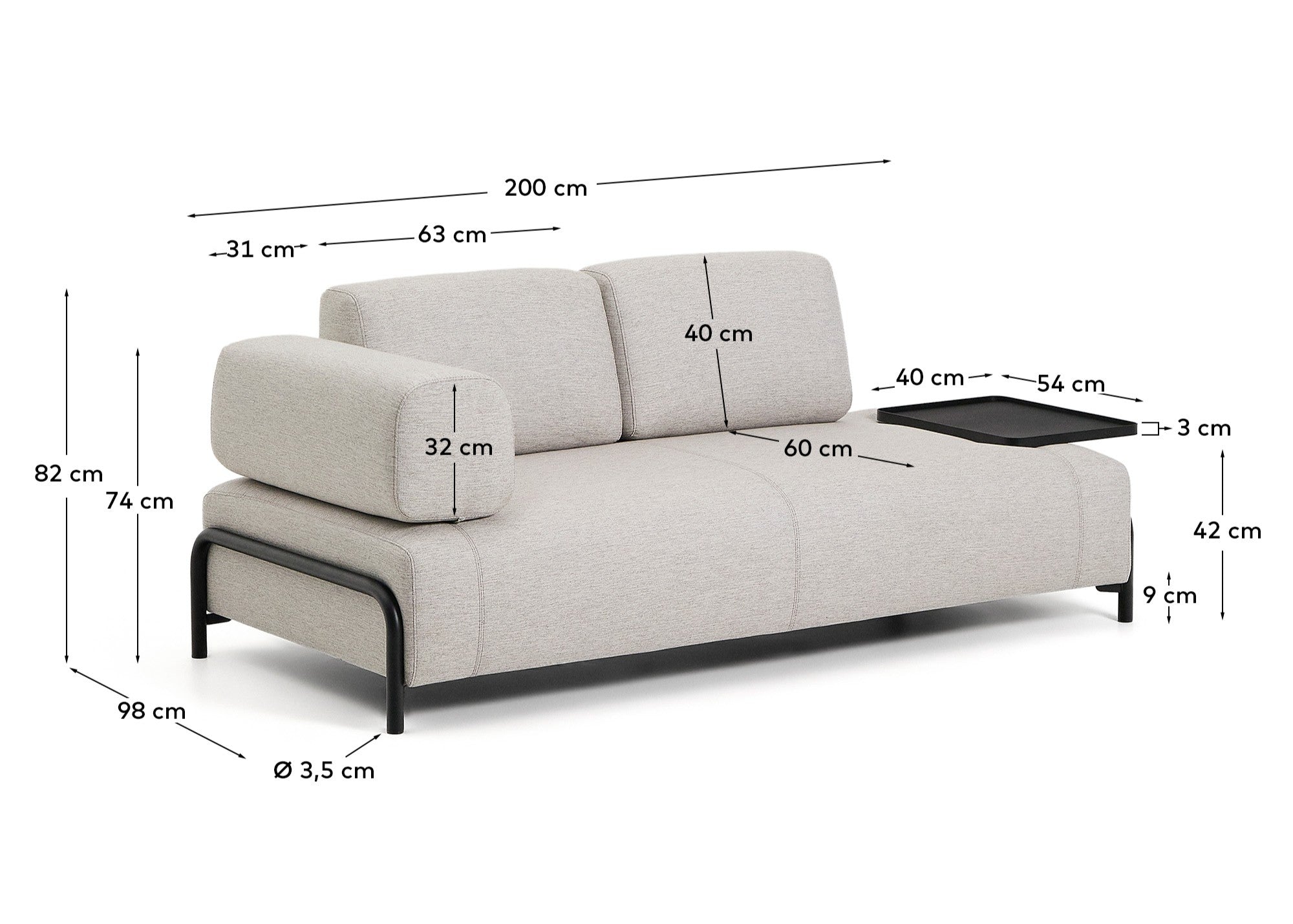Compo 2-seater greige sofa with large tray table and black metal frame 200 cm FSC Mix Credit - Measurements