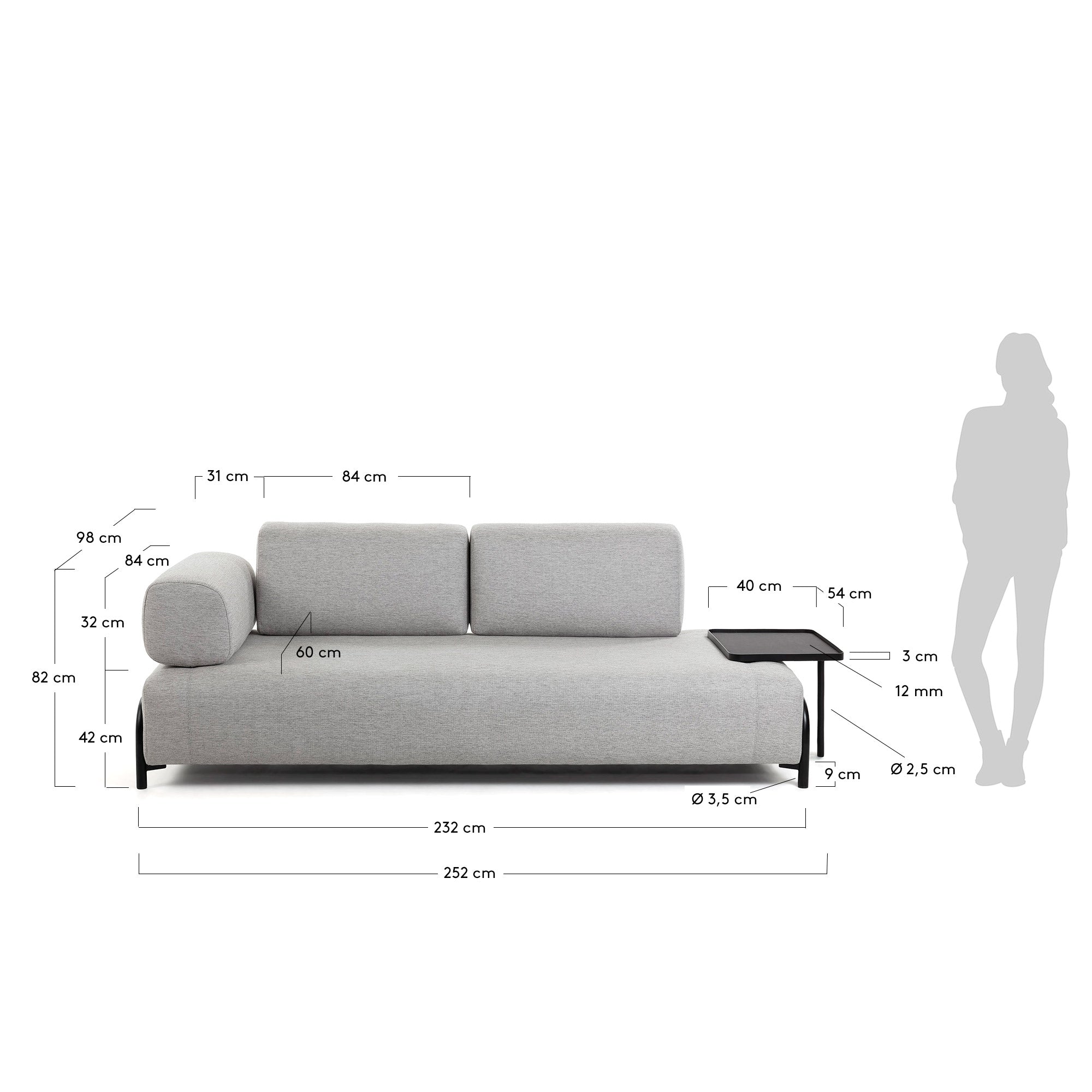 Compo 3 seater sofa with large tray in Beige-Grey, 252 cm - Measurements
