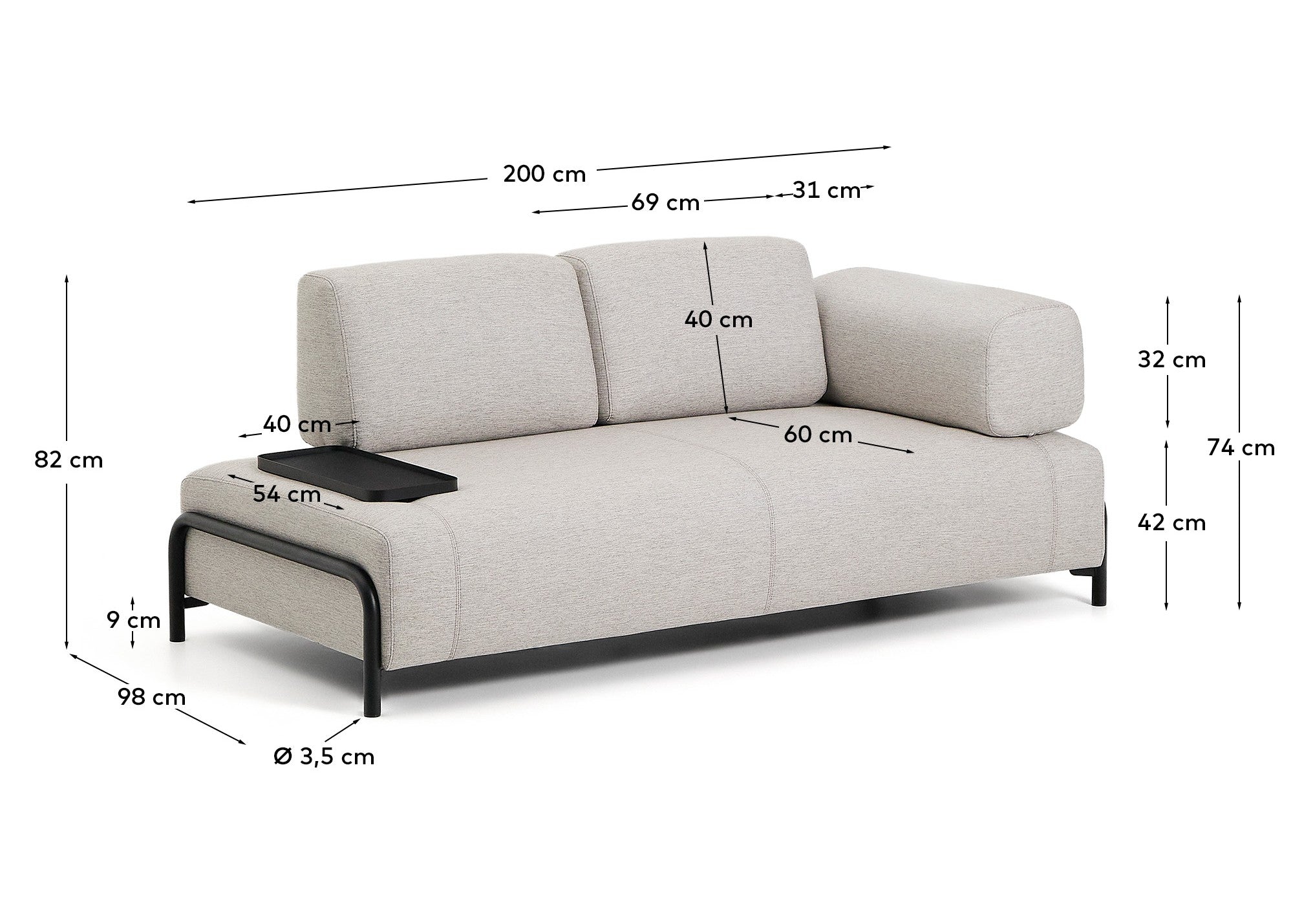 Compo 2-seater greige sofa with small tray table and black metal frame 200 cm FSC Mix Credit - Measurements