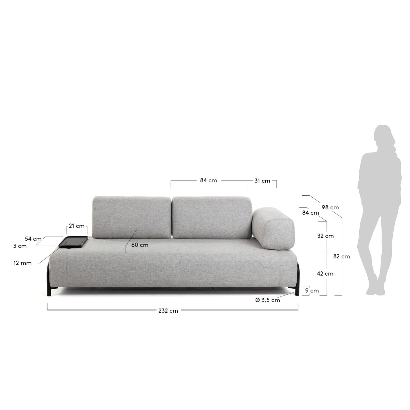 Compo 3 seater sofa with small tray in Beige-Grey, 232 cm - Measurements