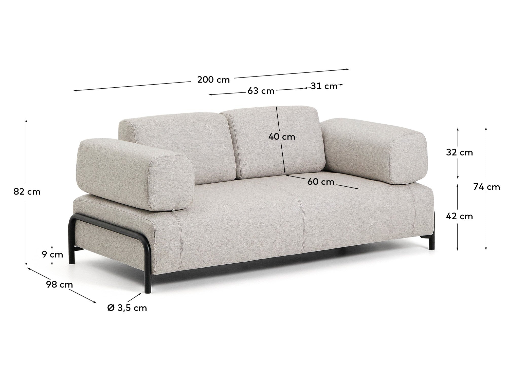 Compo 2-seater greige sofa with black metal frame 200 cm FSC Mix Credit - Measurements