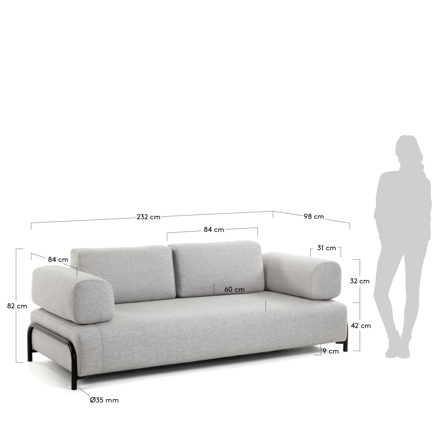 Compo 3 seater sofa in Beige-Grey, 232 cm - Measurements