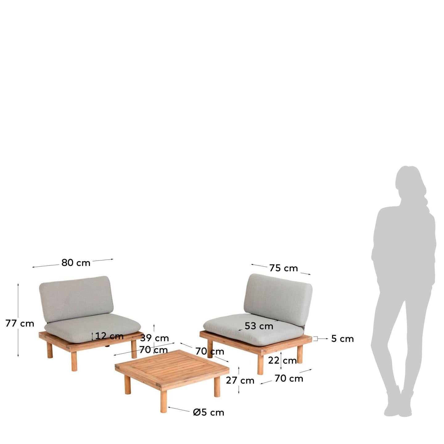 Viridis 2 armchairs and 1 table set FSC 100% - Measurements