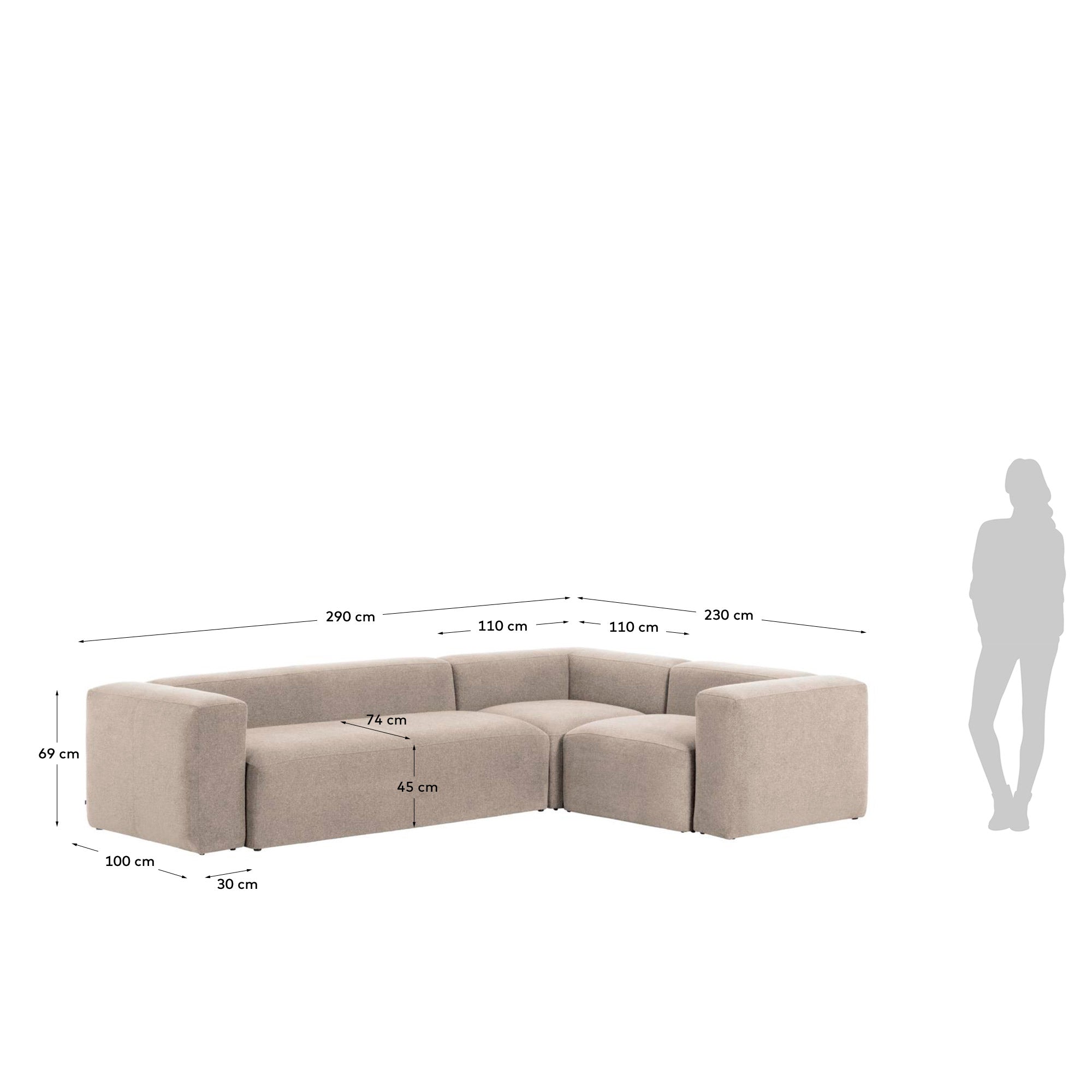 Blok 4 seater corner sofa in beige, 320 x 230 cm / 230 x 320 cm - Measurements
