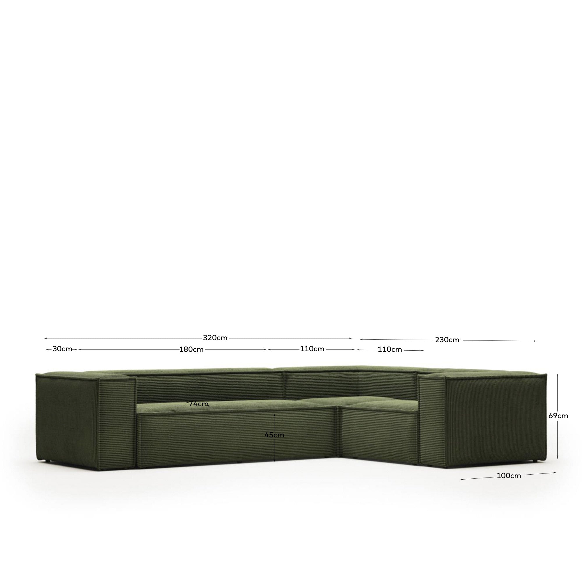 Blok 4 seater corner sofa in green corduroy, 320 x 230 cm / 230 x 320 cm FSC Mix Credit - Measurements