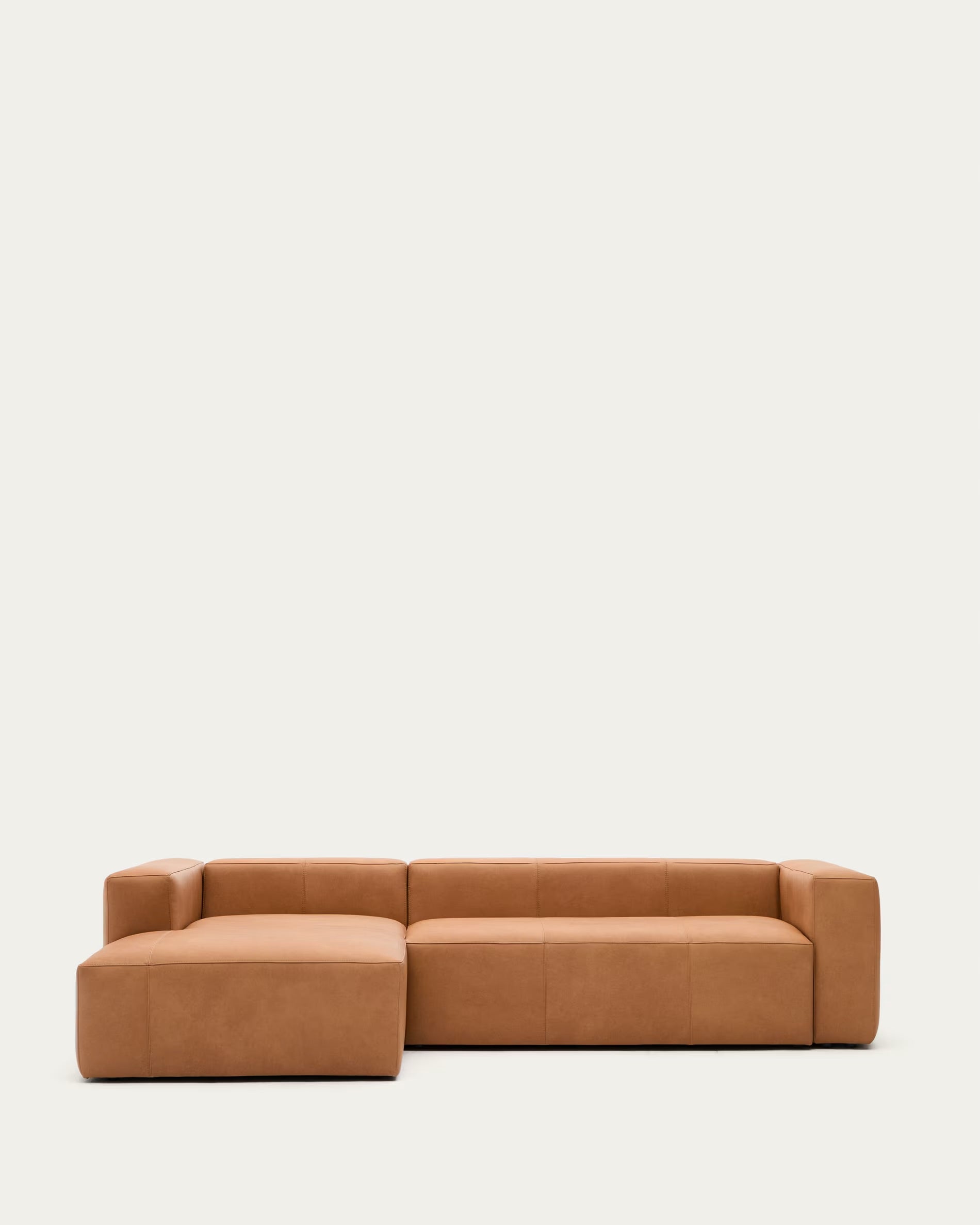 Blok brown leather 3-seater sofa with chaise longue section on the left, 300 cm.