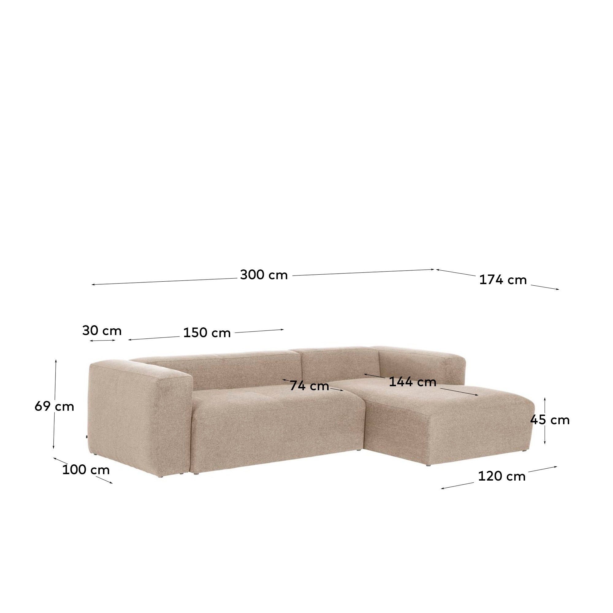 Blok 3-seater beige chenille right chaise longue sofa 300cm FSC Mix Credit - Measurements