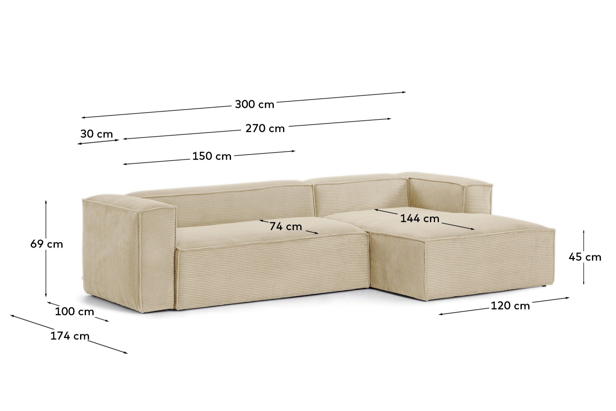 Blok 3 seater sofa with right side chaise longue in beige wide seam corduroy, 300 cm - Measurements