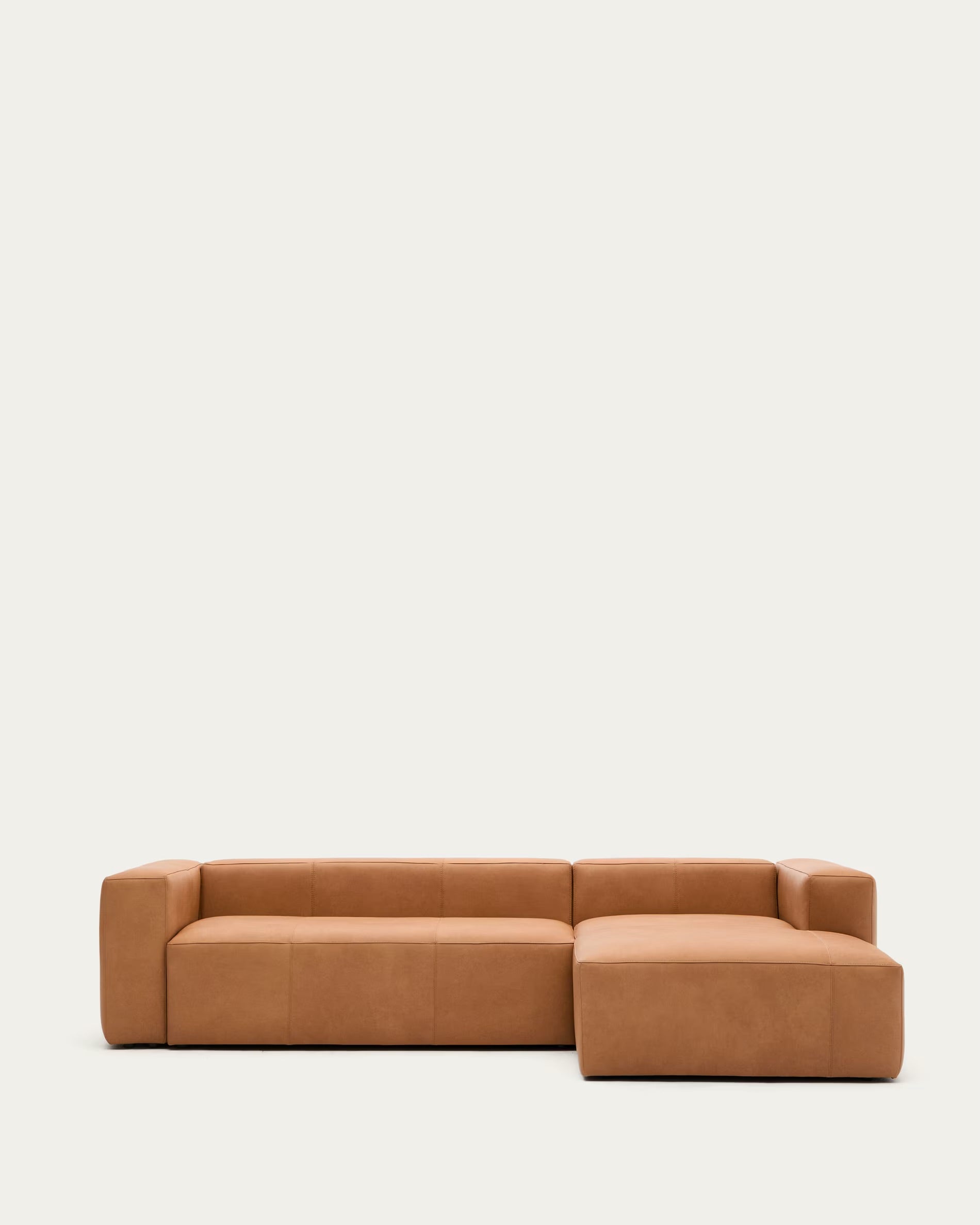 Blok brown leather 3-seater sofa with chaise longue section on the right, 300 cm.