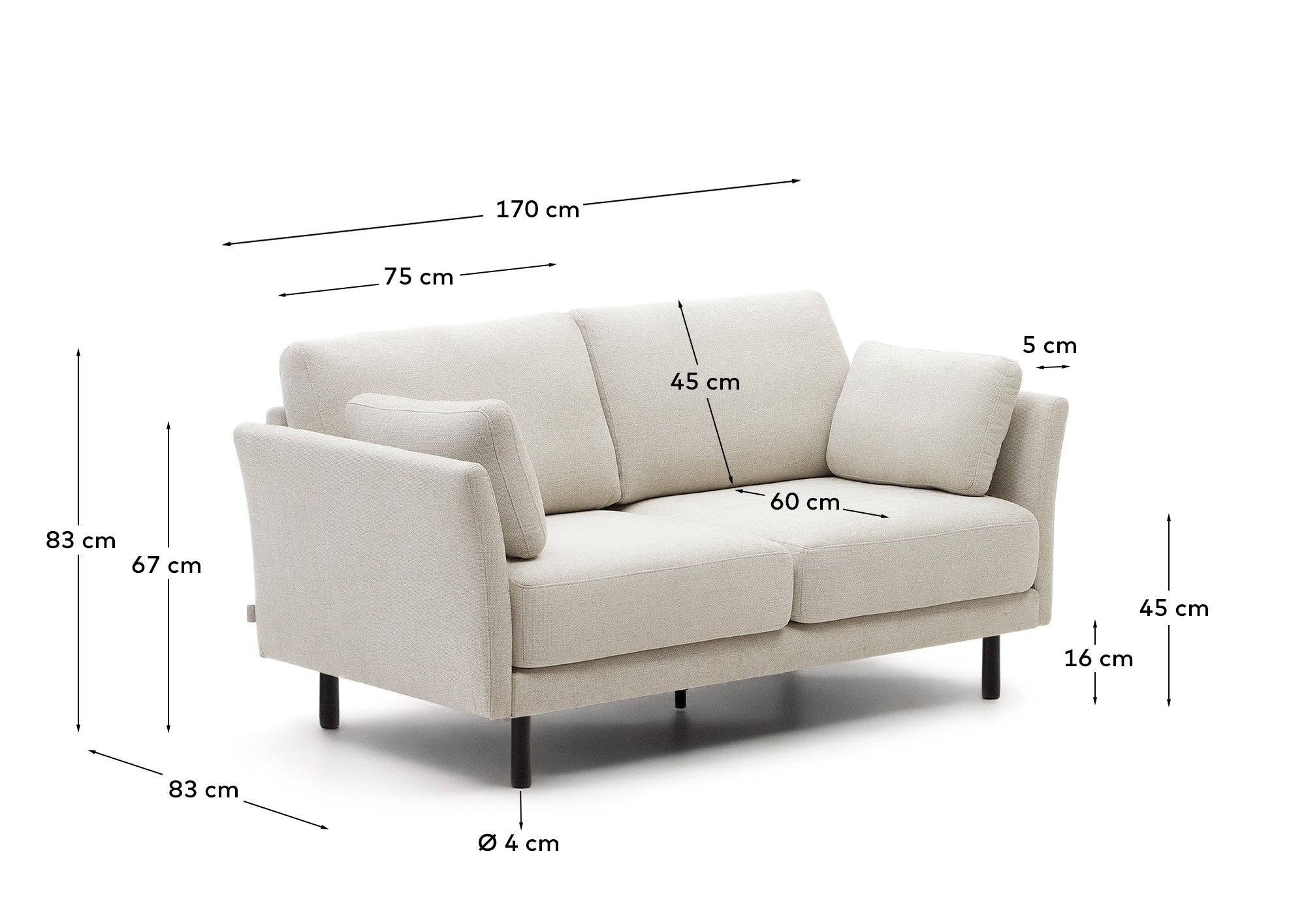 Gilma 2 seater sofa in chenille pearl with painted black finish legs, 170 cm - Measurements