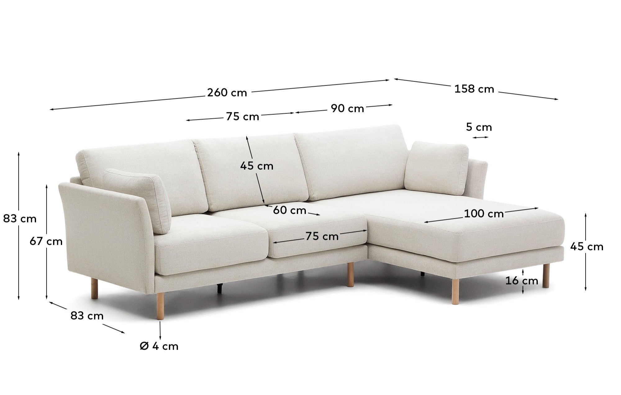 Gilma 3 seater sofa w/ right/left-hand chaise longue in chenille pearl, natural legs, 260 cm - Measurements