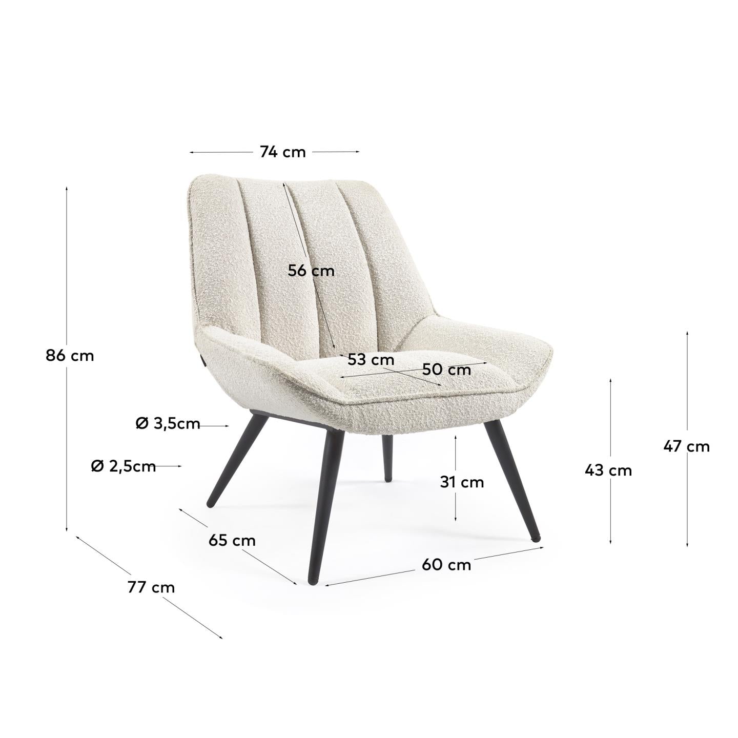Marlina white bouclé armchair with steel legs with black painted finish - Measurements