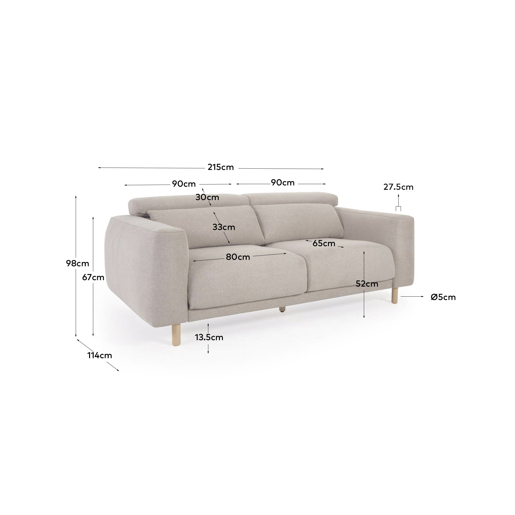 Singa 3 seater sofa with reclining headrest and extendable seat in beige 215 cm FSC Mix Credit - Measurements