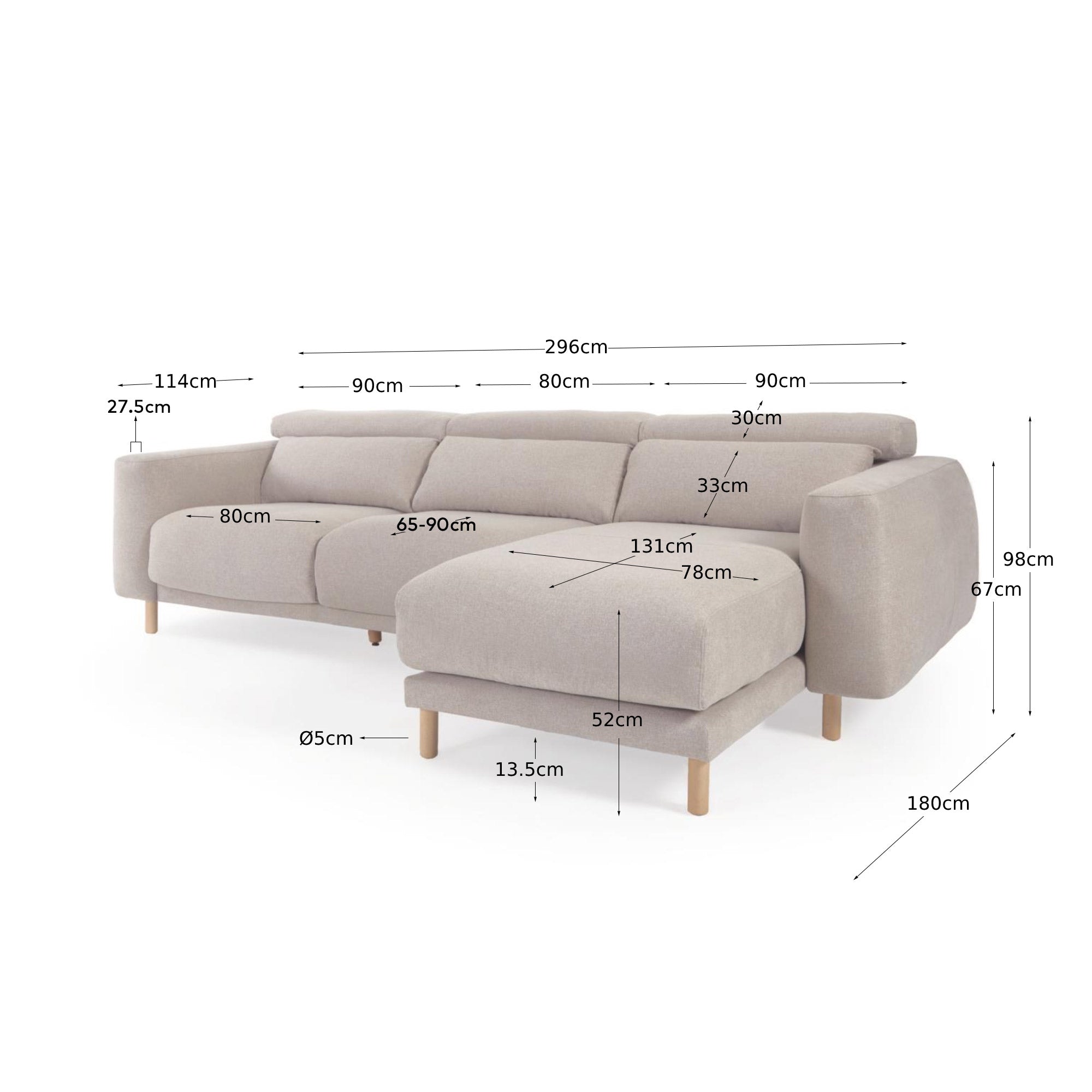 Singa 3 seater sofa with right-hand chaise longue, reclining headrest and extendable seat in beige 296 cm FSC Mix Credit - Measurements
