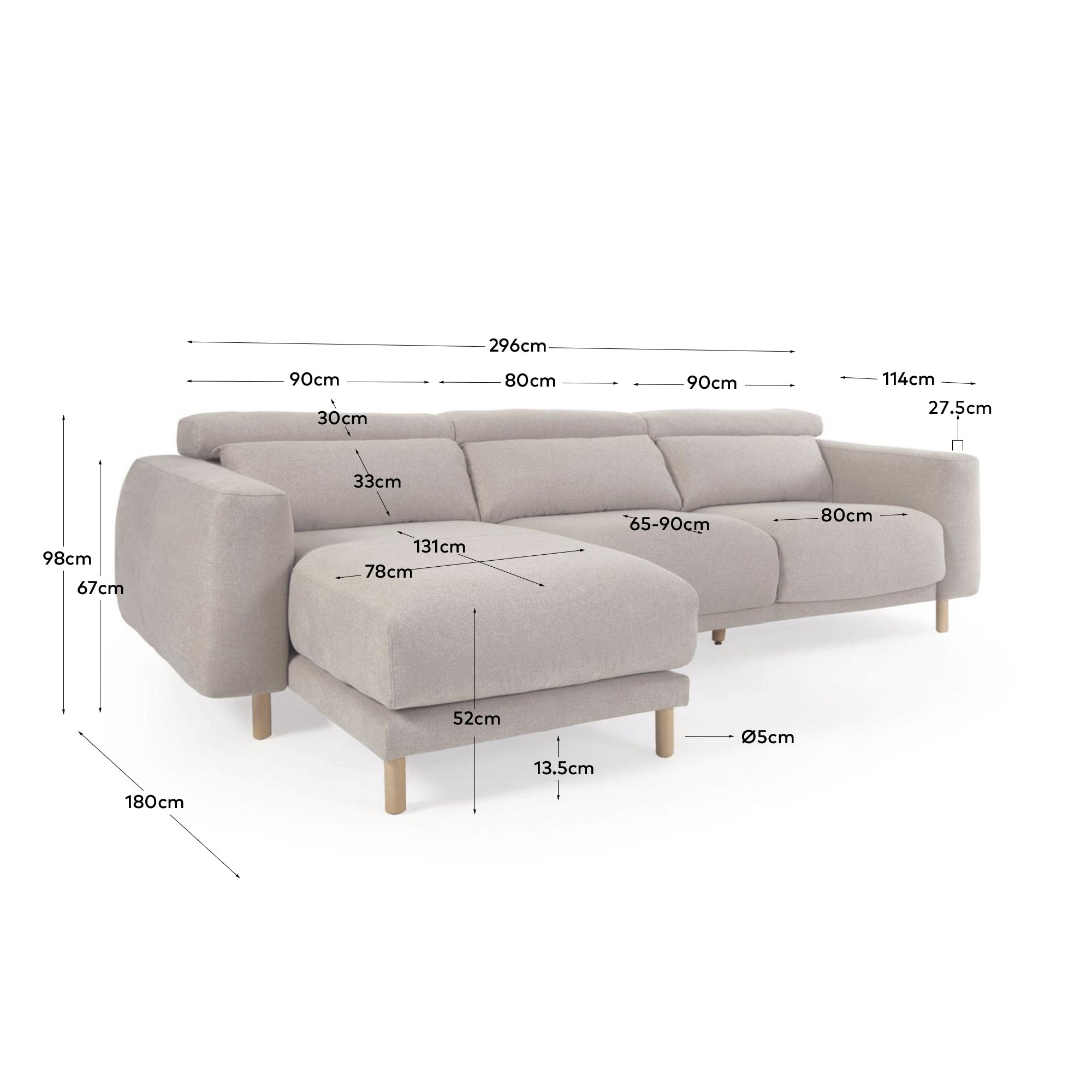 Singa 3 seater sofa with left-hand chaise longue, reclining headrest and extendable seat in beige 296 cm FSC Mix Credit - Measurements