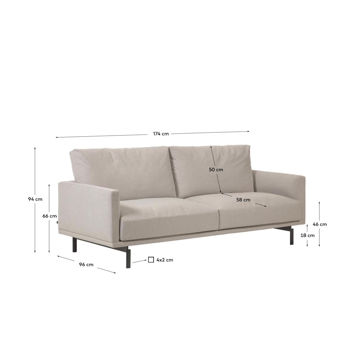 Galene 2 seater sofa in beige, 174 cm FSC Mix Credit FSC Mix Credit - Measurements