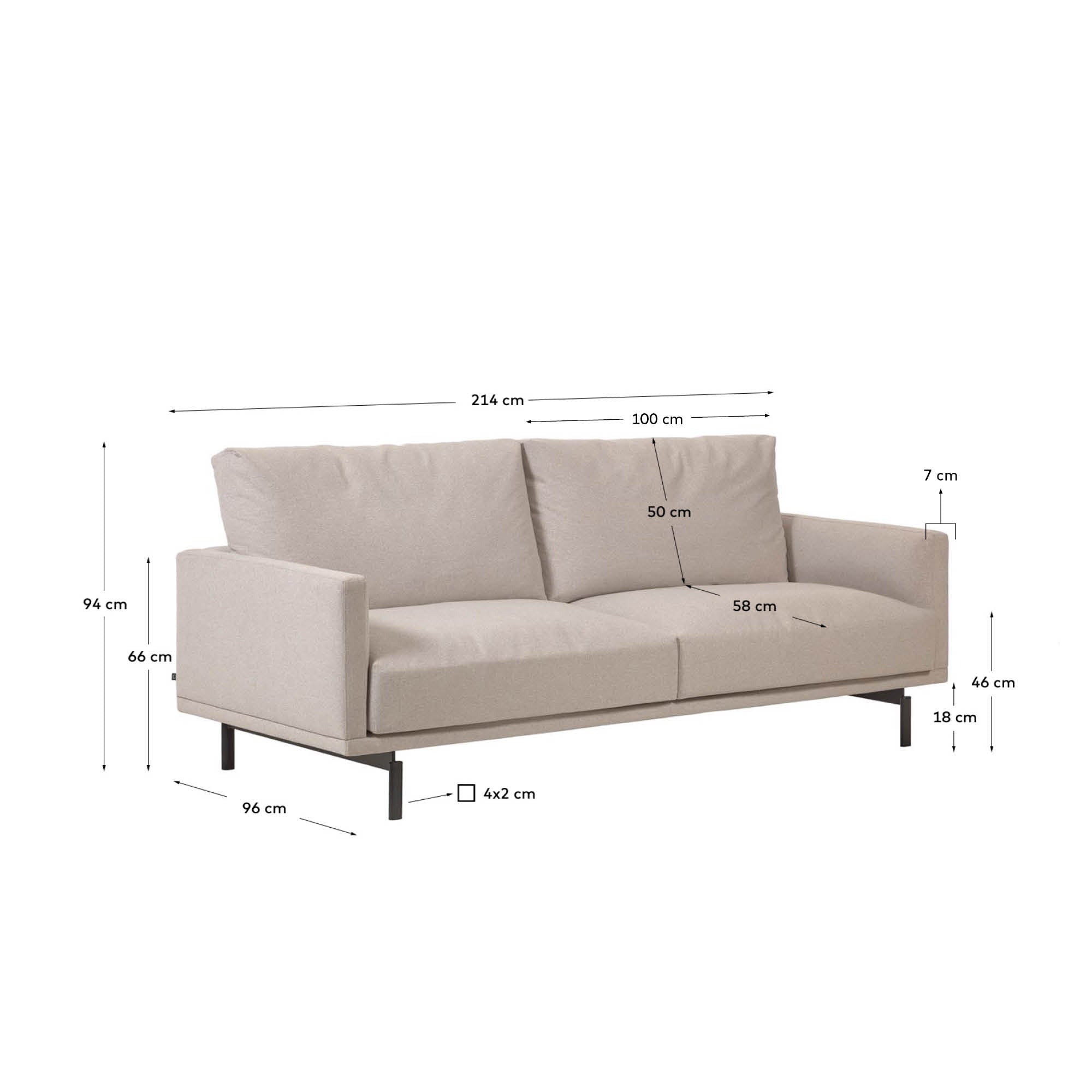 Galene 3 seater sofa in beige, 214 cm FSC Mix Credit - Measurements