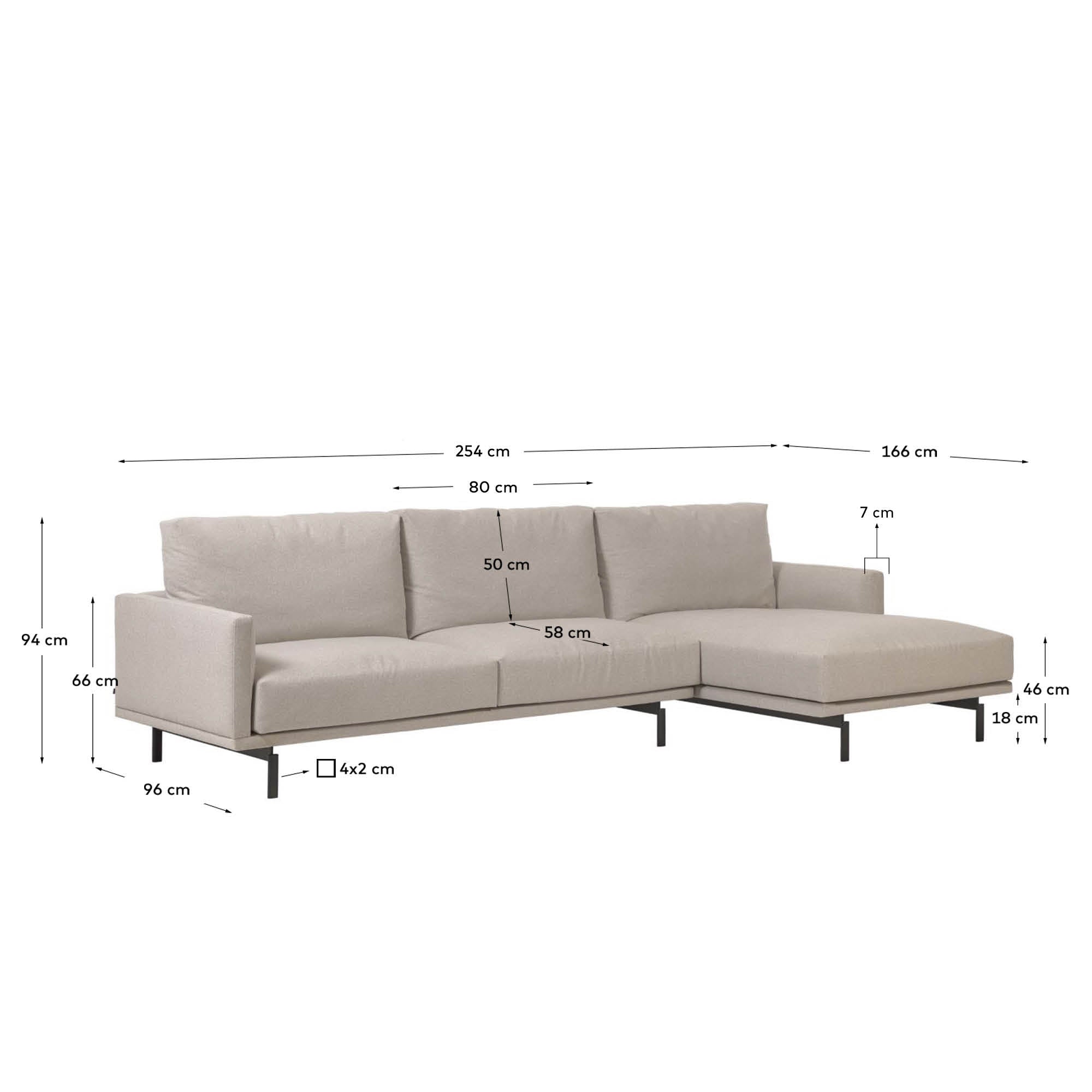 Galene 3 seater sofa with right-hand chaise longue in beige, 254 cm FSC Mix Credit - Measurements